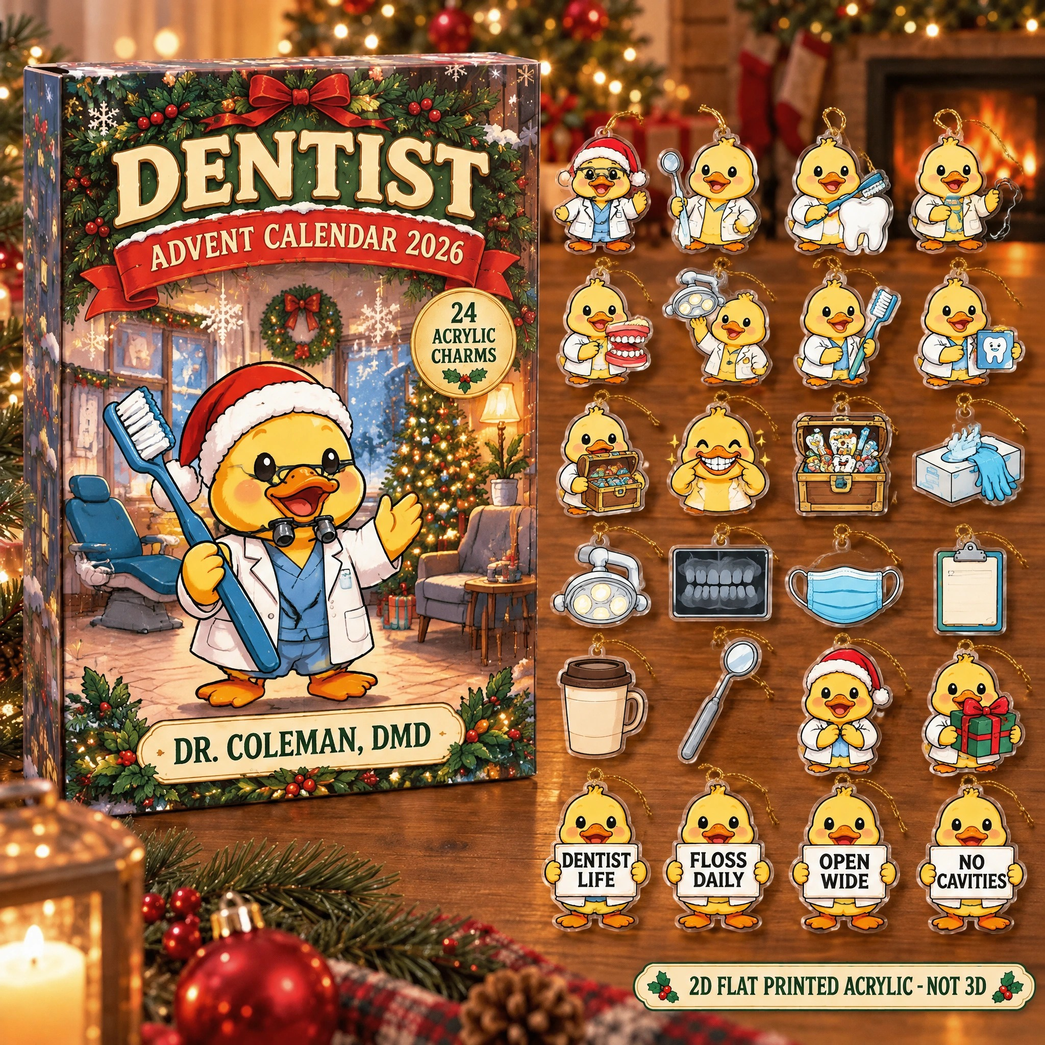 Personalized Dentist Duck advent calendar box with 24 flat acrylic Christmas charms