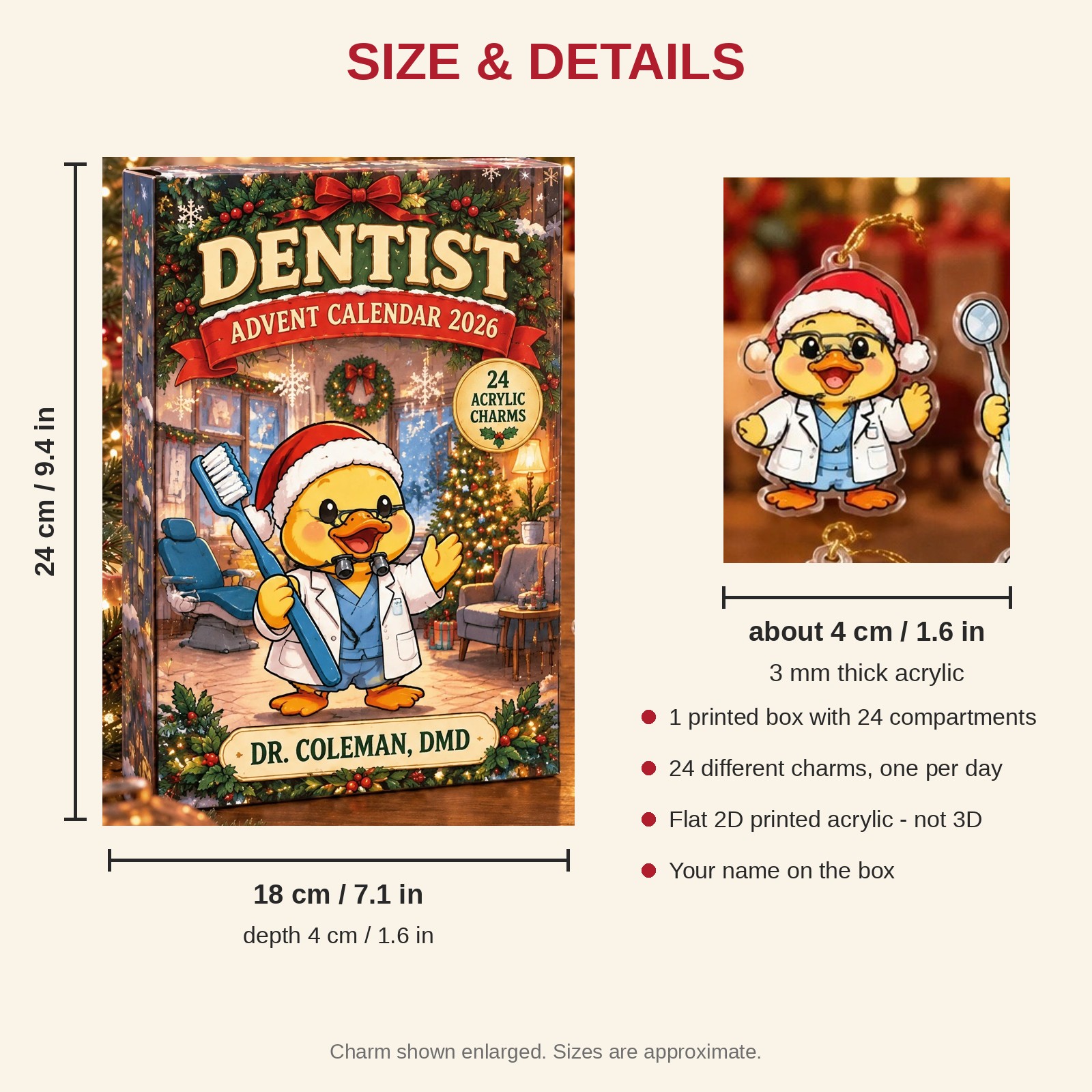 Personalized Dentist Duck advent calendar box with 24 flat acrylic Christmas charms: box and charm sizes