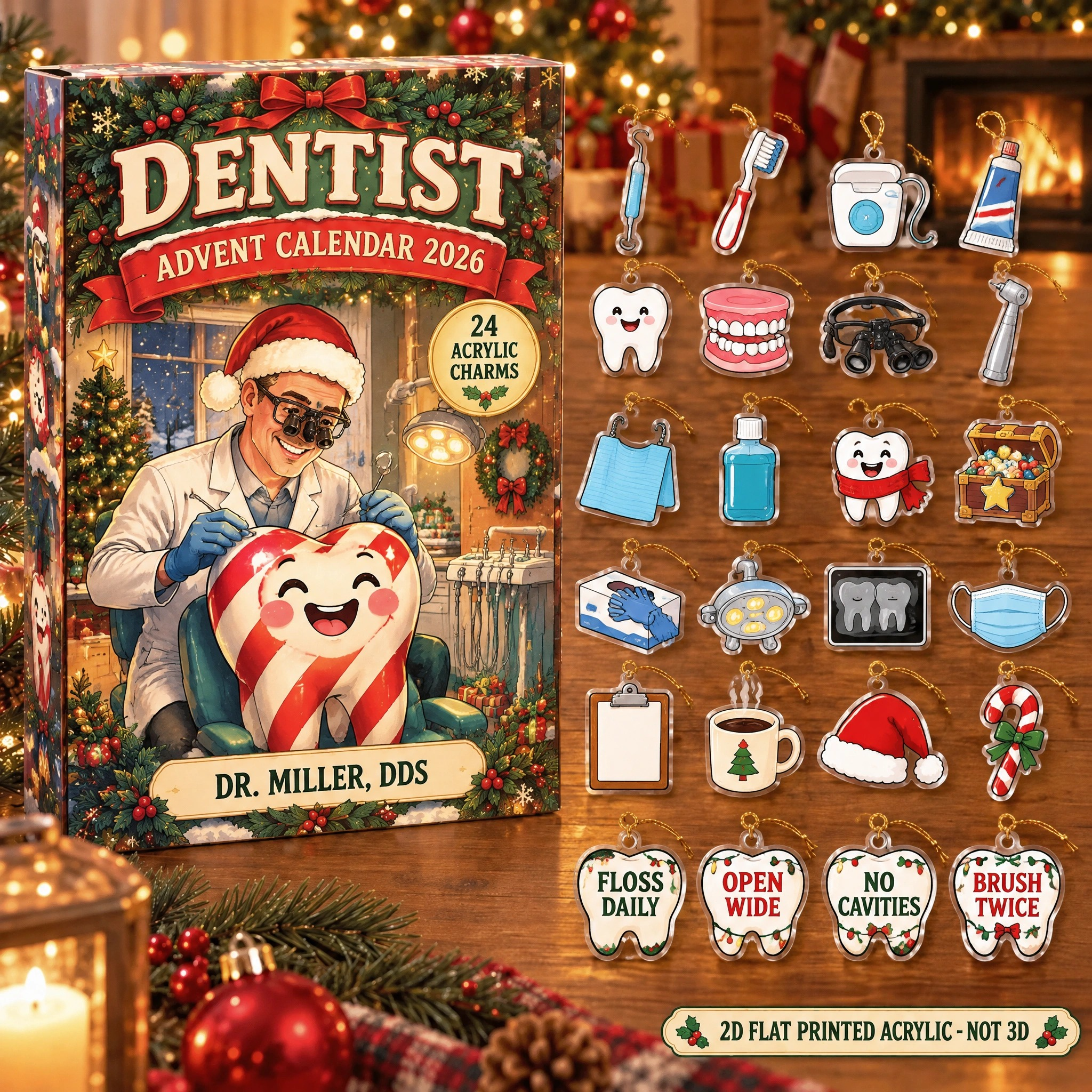 Personalized Dentist Essentials advent calendar box with 24 flat acrylic Christmas charms