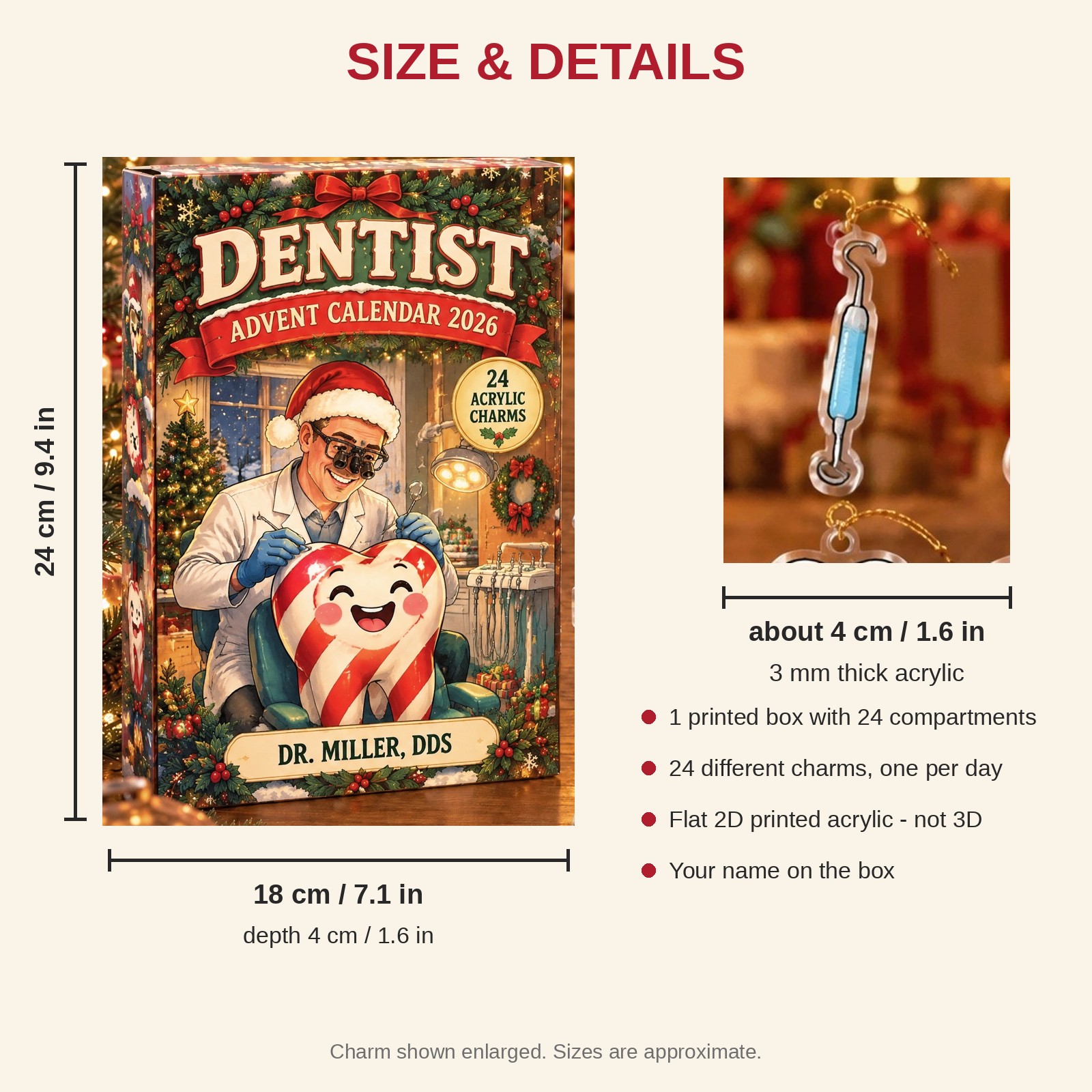 Personalized Dentist Essentials advent calendar box with 24 flat acrylic Christmas charms: box and charm sizes