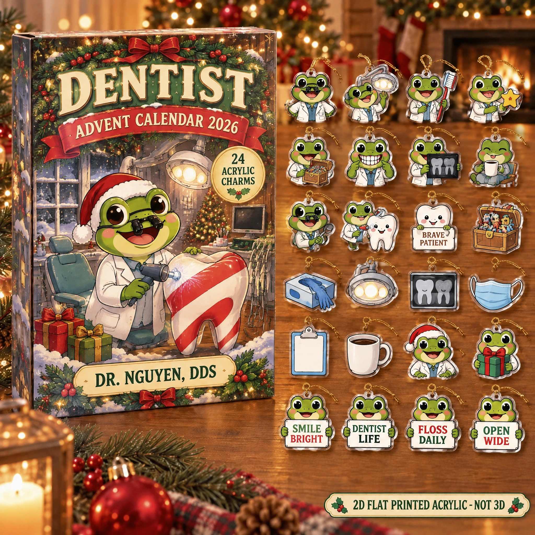 Personalized Dentist Frog advent calendar box with 24 flat acrylic Christmas charms