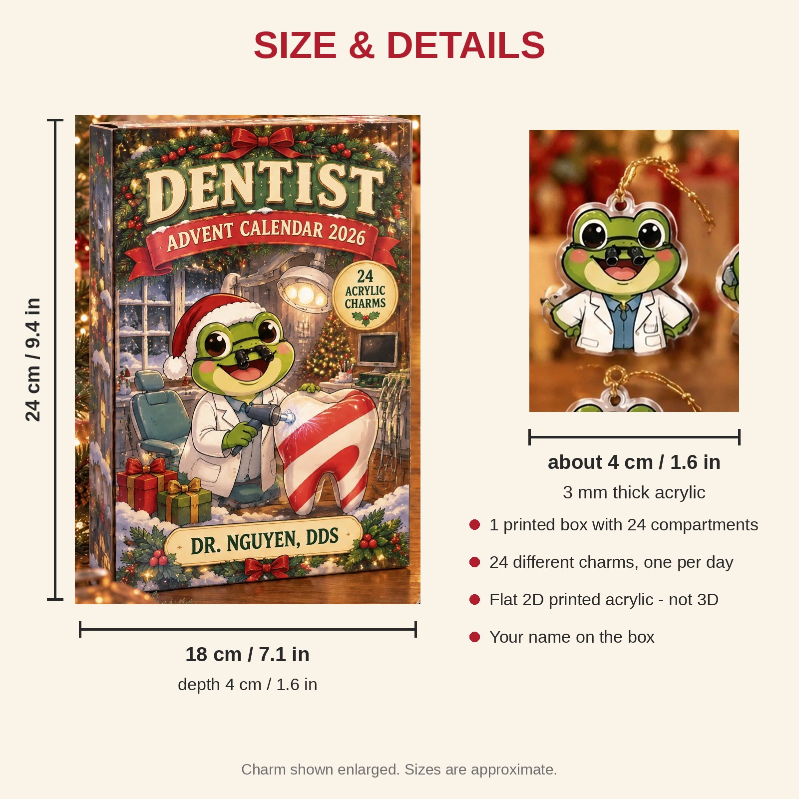 Personalized Dentist Frog advent calendar box with 24 flat acrylic Christmas charms: box and charm sizes