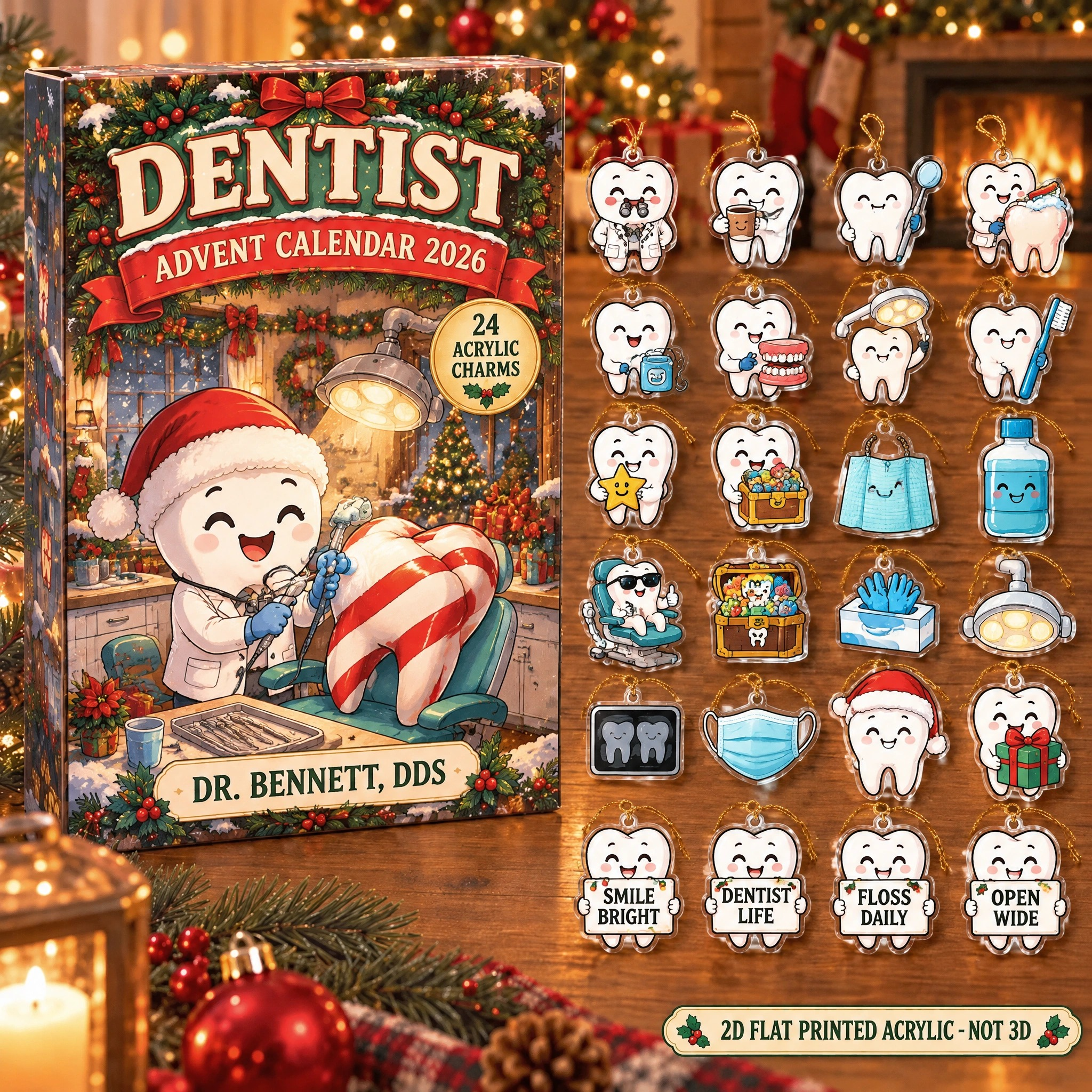 Personalized Funny Anatomy Dentist advent calendar box with 24 flat acrylic Christmas charms