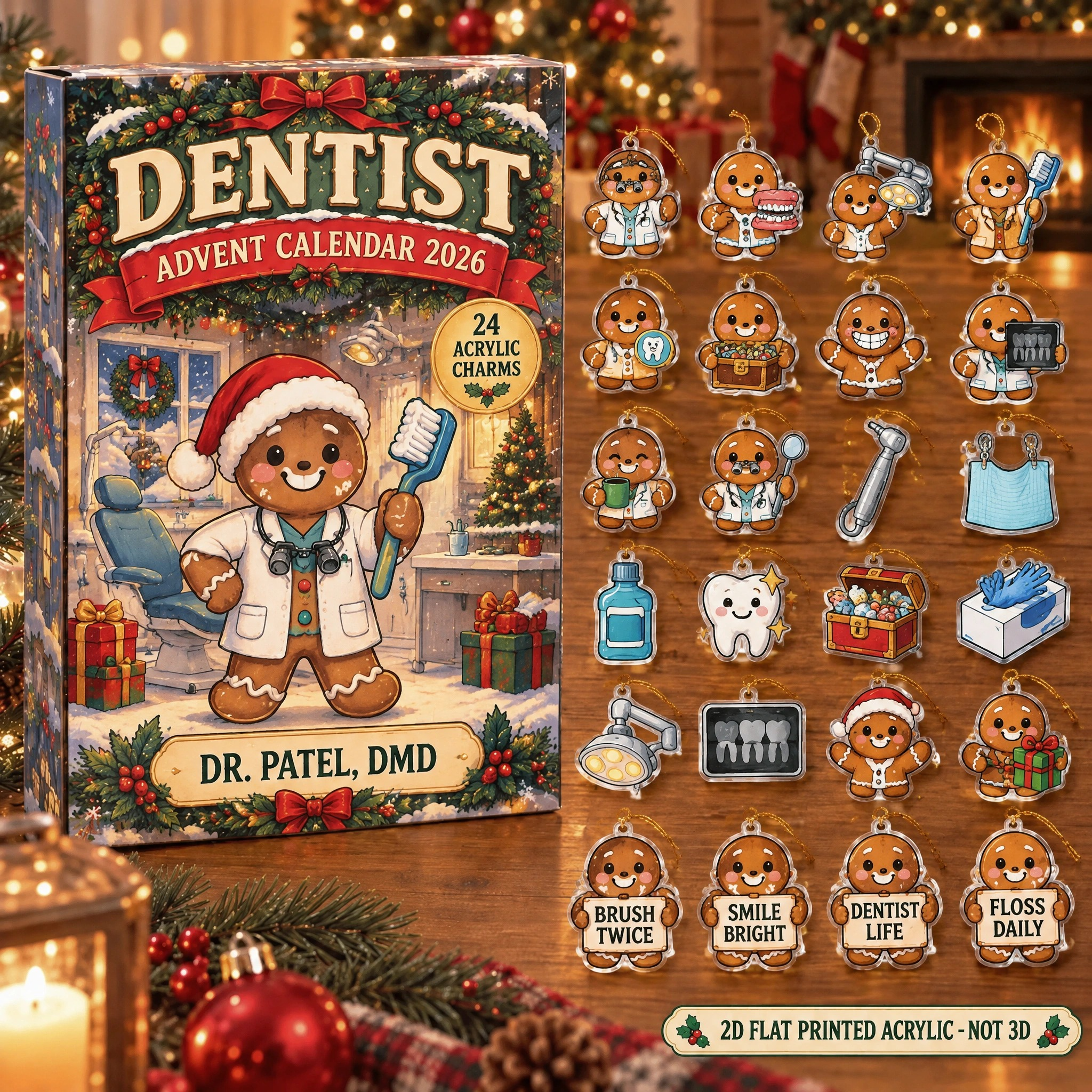 Personalized Gingerbread Dentist advent calendar box with 24 flat acrylic Christmas charms