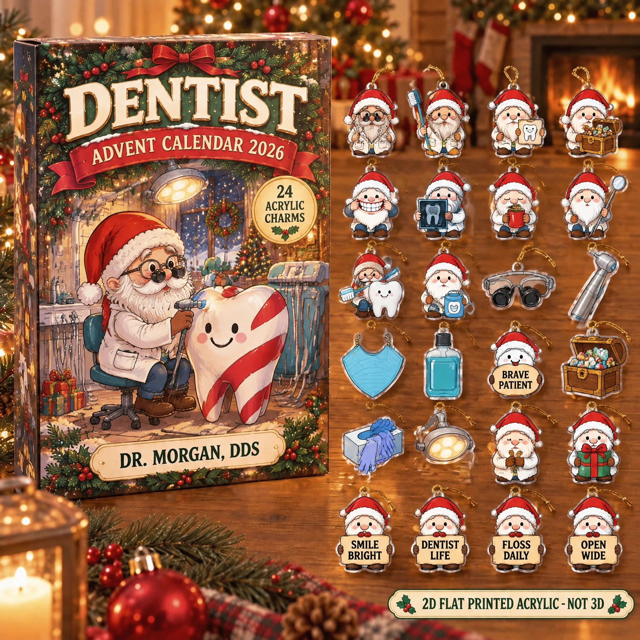 Personalized Dentist Gnome advent calendar box with 24 flat acrylic Christmas charms