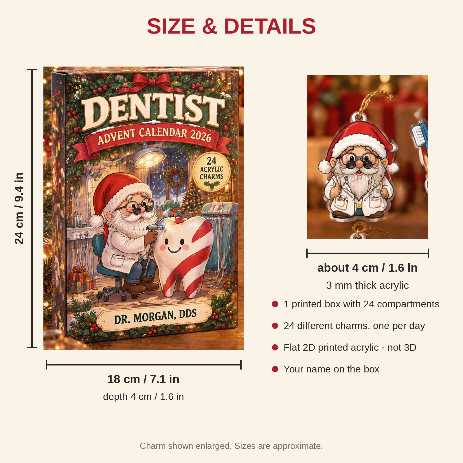 Personalized Dentist Gnome advent calendar box with 24 flat acrylic Christmas charms: box and charm sizes