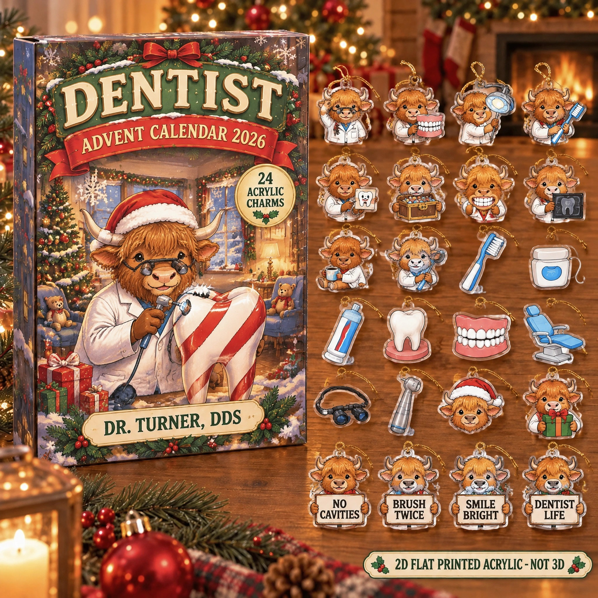 Personalized Dentist Highland Cow advent calendar box with 24 flat acrylic Christmas charms
