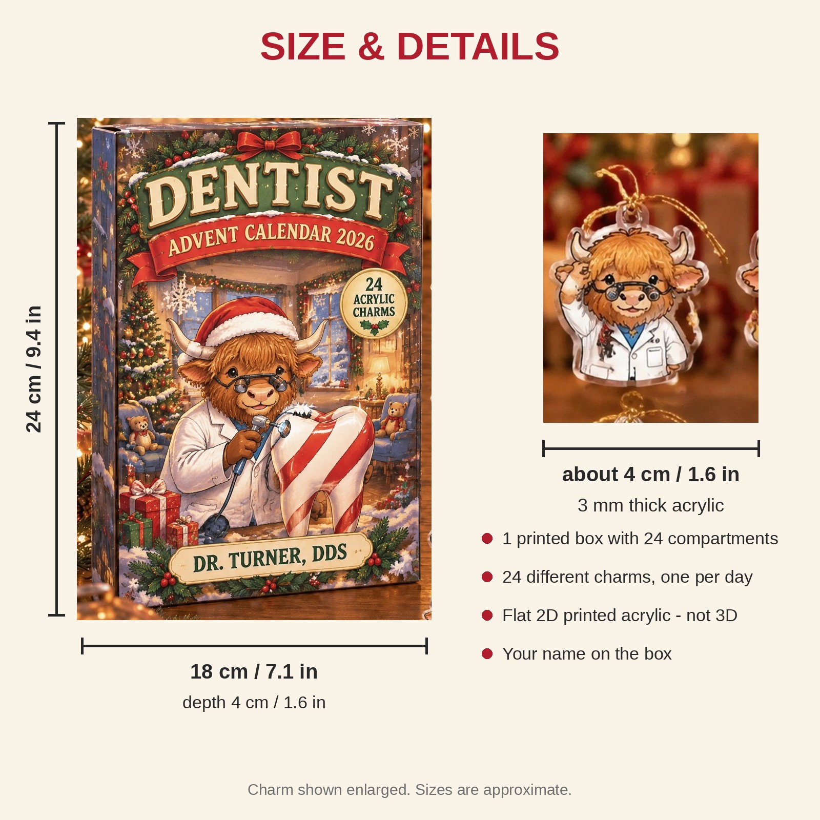 Personalized Dentist Highland Cow advent calendar box with 24 flat acrylic Christmas charms: box and charm sizes