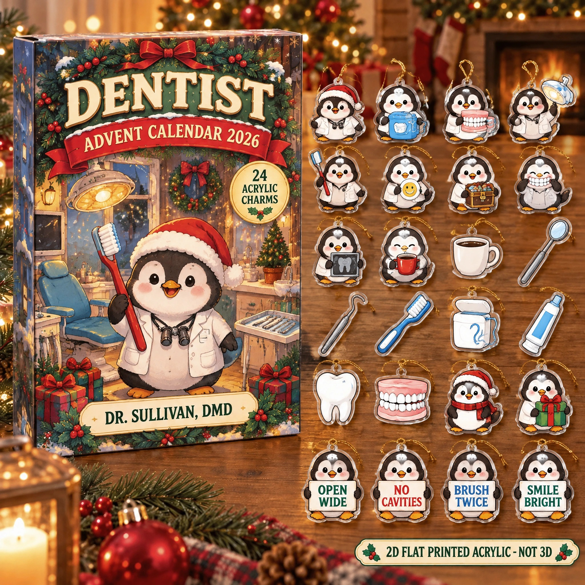 Personalized Dentist Penguin advent calendar box with 24 flat acrylic Christmas charms