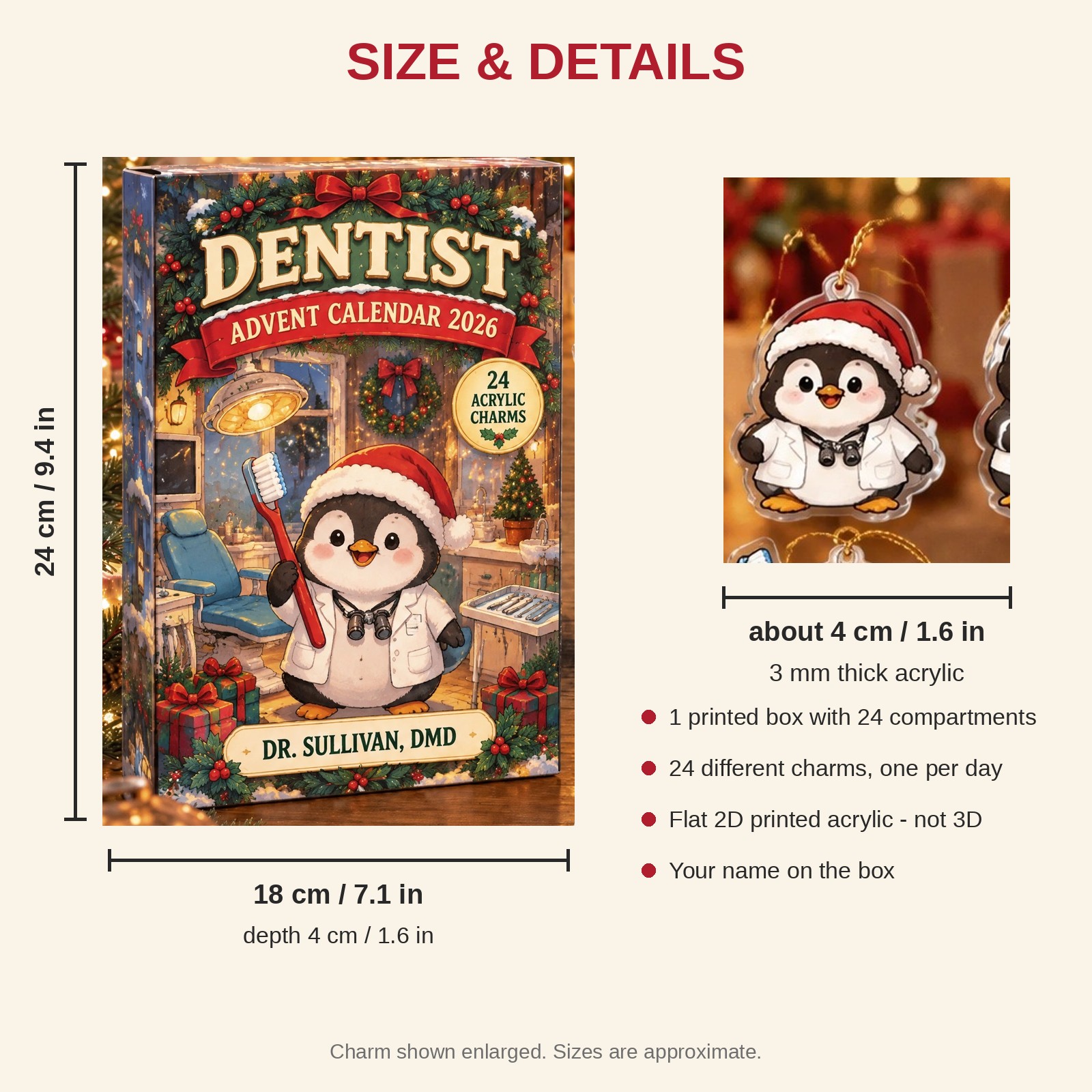 Personalized Dentist Penguin advent calendar box with 24 flat acrylic Christmas charms: box and charm sizes
