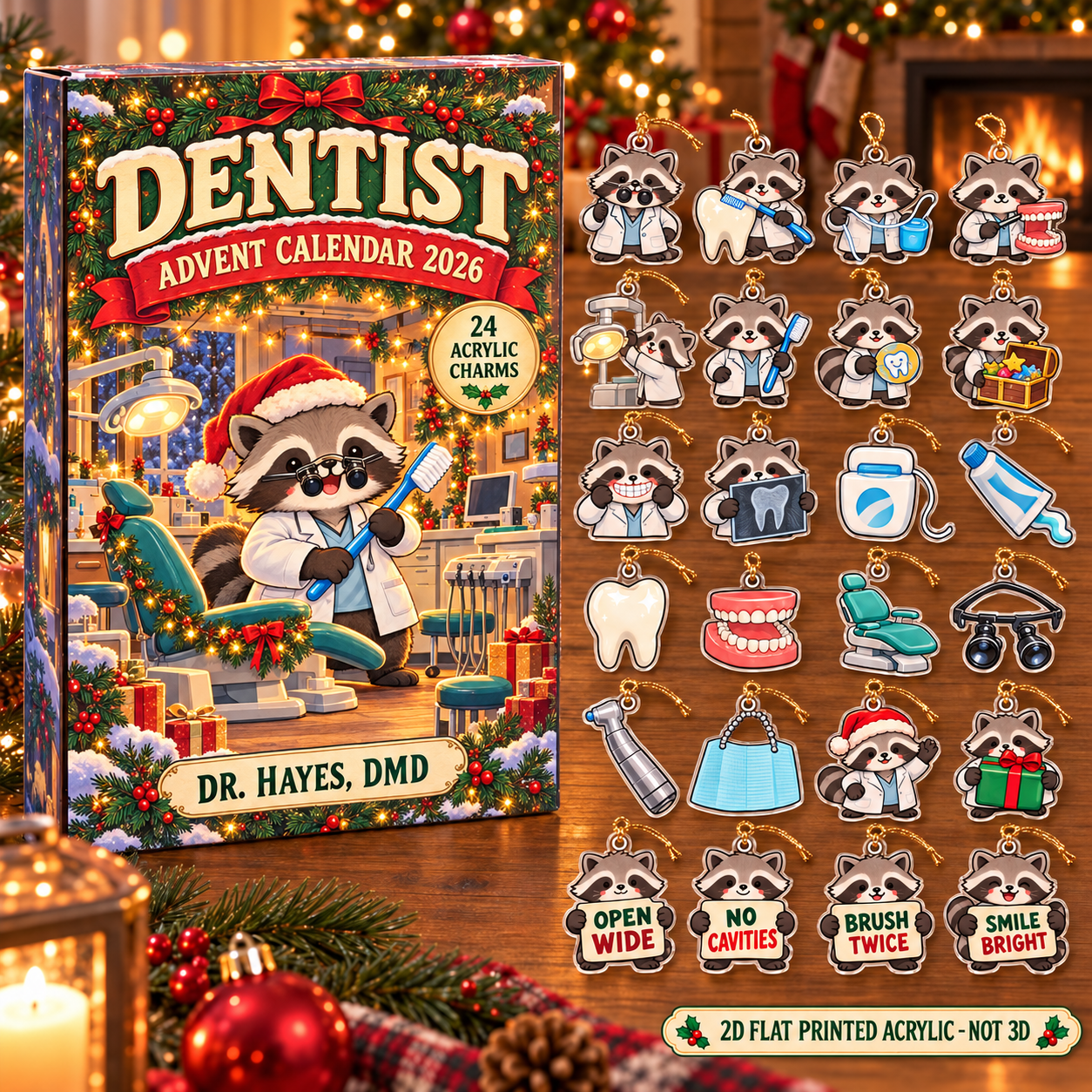 Personalized Dentist Raccoon advent calendar box with 24 flat acrylic Christmas charms