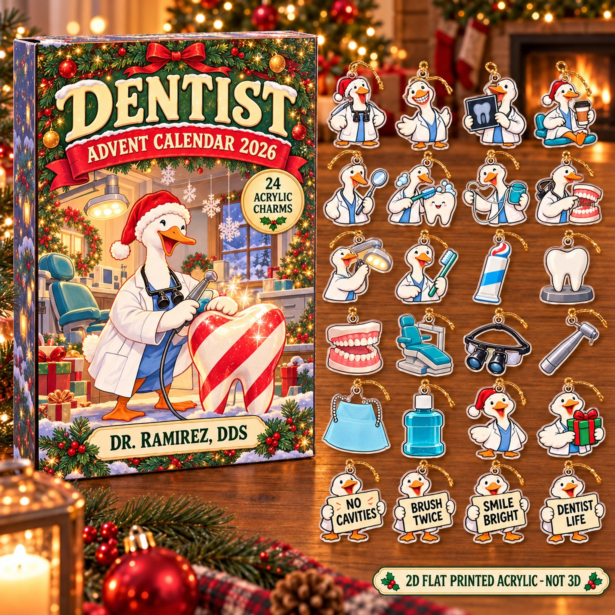 Personalized Dentist Silly Goose advent calendar box with 24 flat acrylic Christmas charms