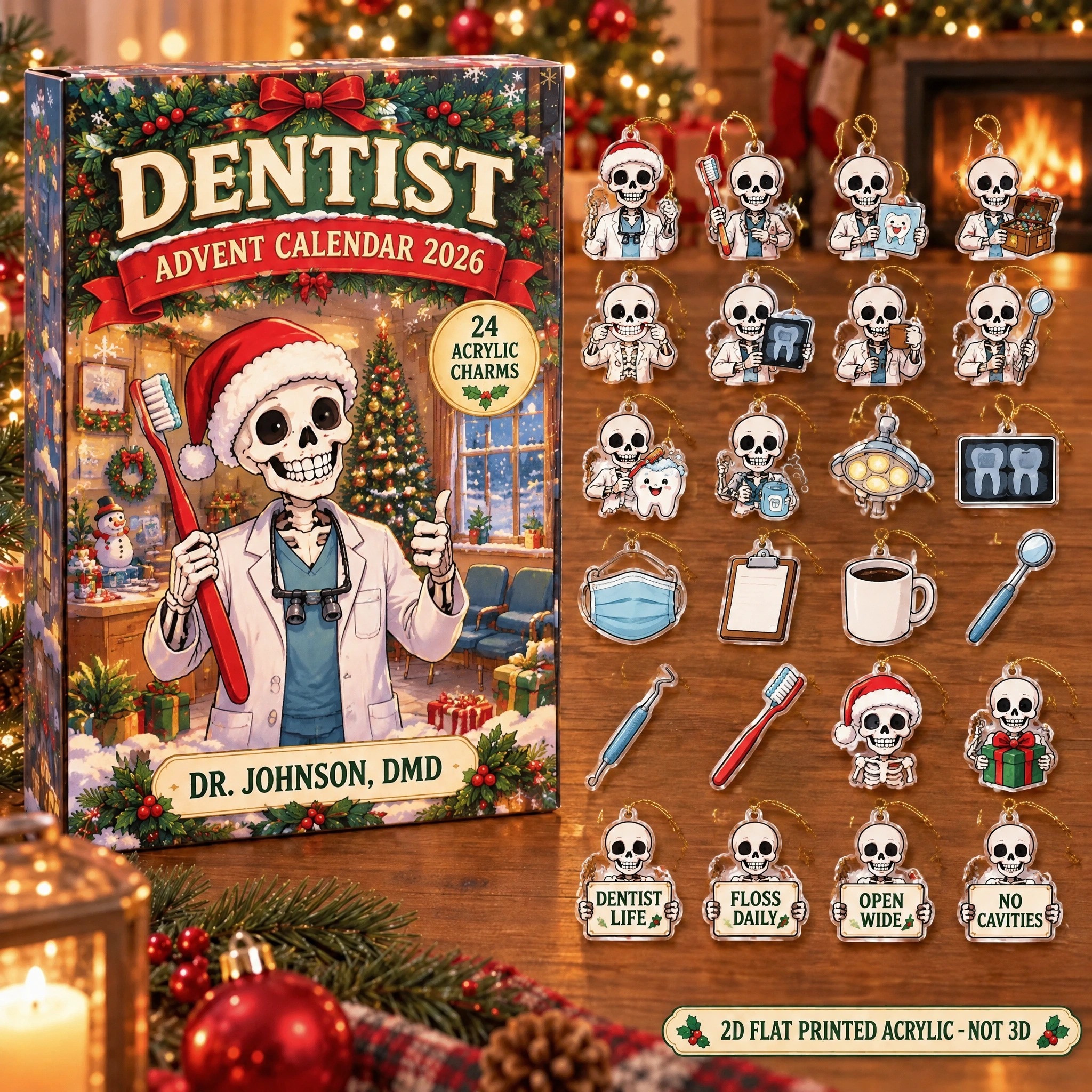 Personalized Dentist Skeleton advent calendar box with 24 flat acrylic Christmas charms