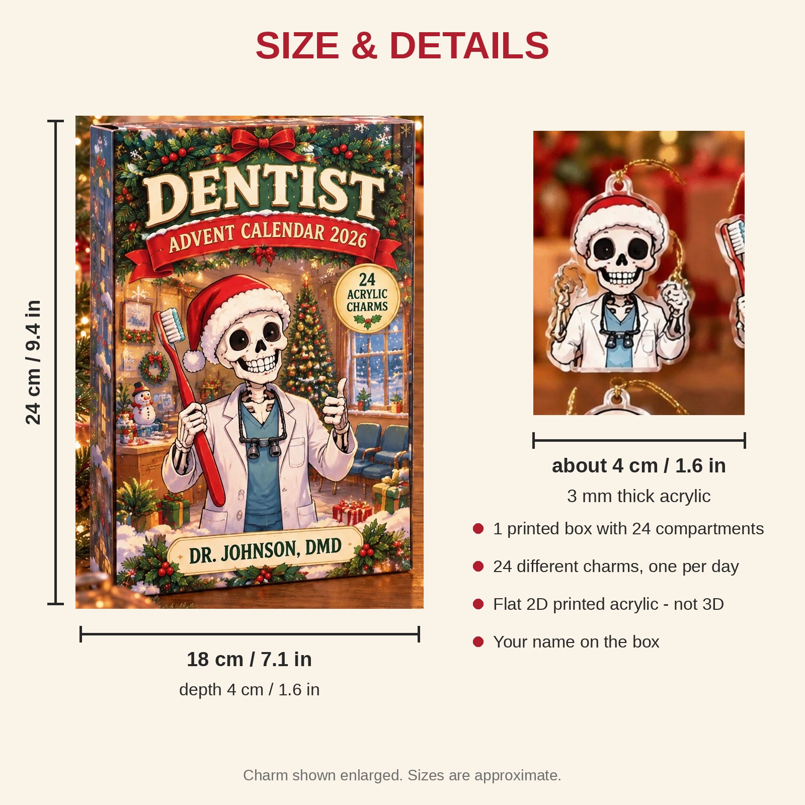 Personalized Dentist Skeleton advent calendar box with 24 flat acrylic Christmas charms: box and charm sizes