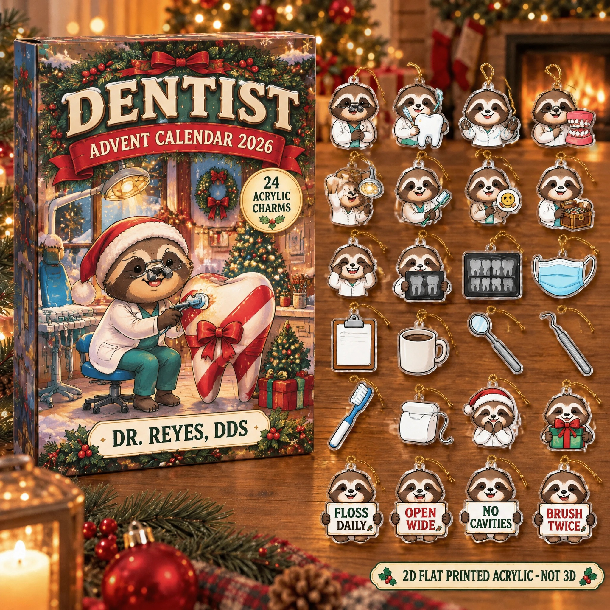 Personalized Dentist Sloth advent calendar box with 24 flat acrylic Christmas charms