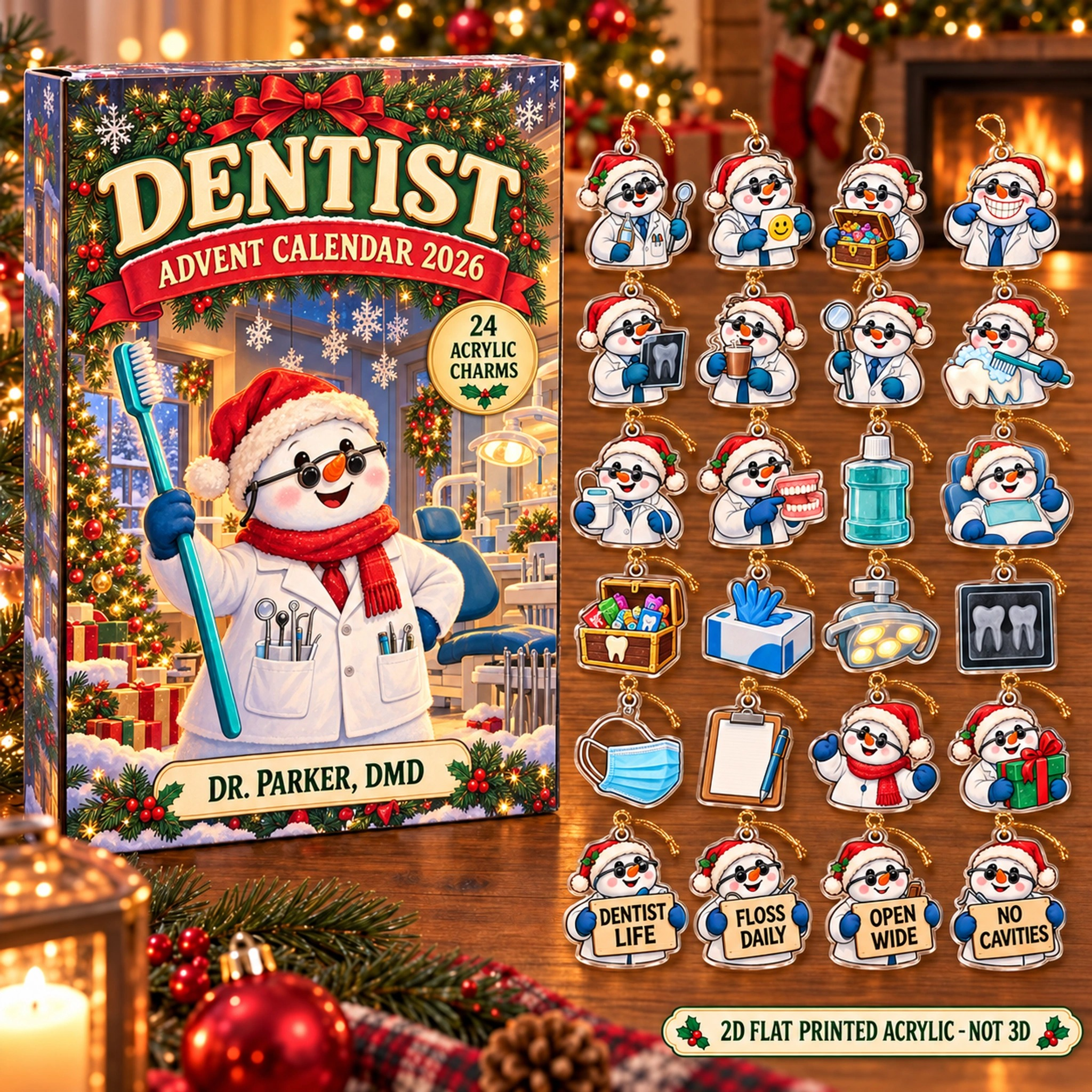 Personalized Dentist Snowman advent calendar box with 24 flat acrylic Christmas charms