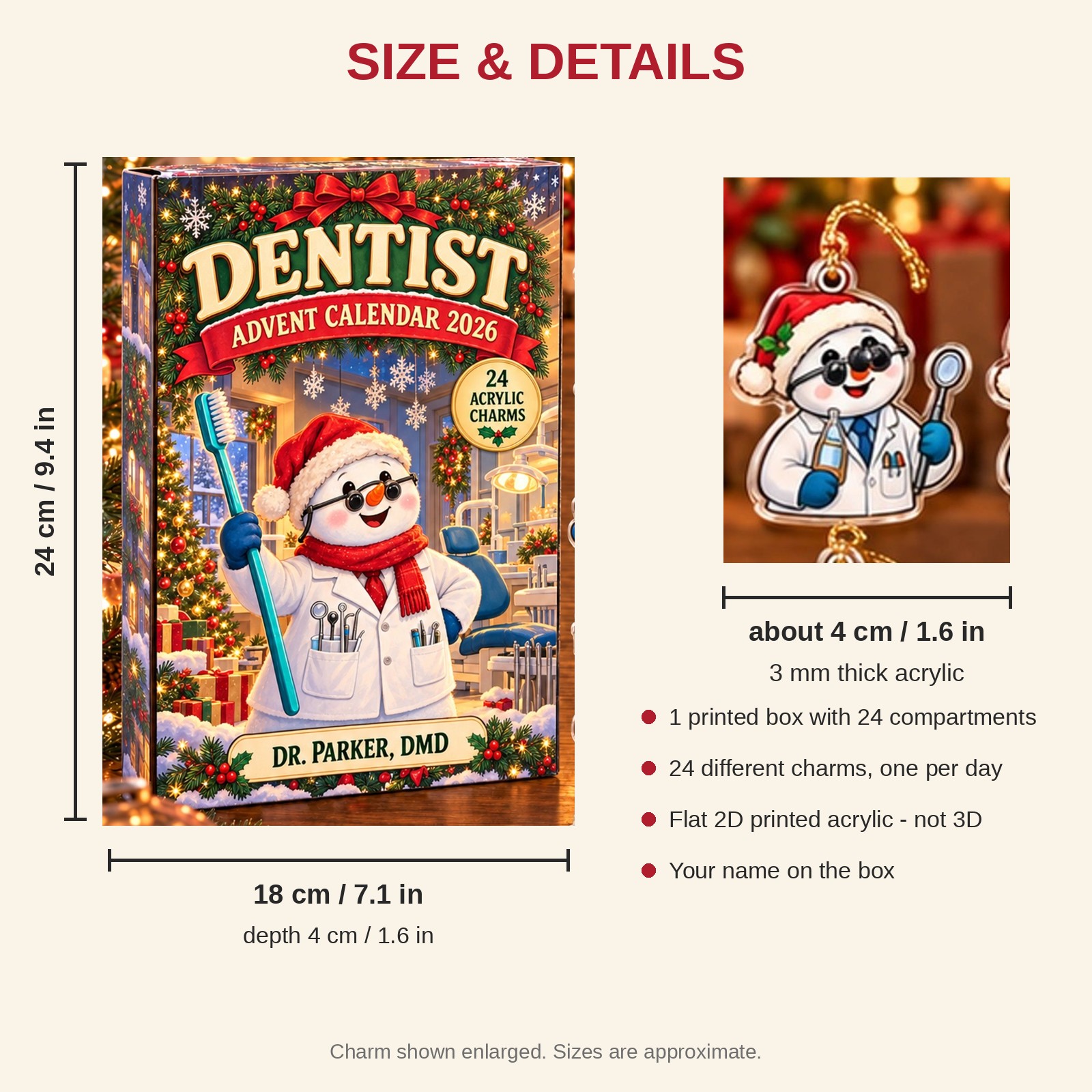 Personalized Dentist Snowman advent calendar box with 24 flat acrylic Christmas charms: box and charm sizes
