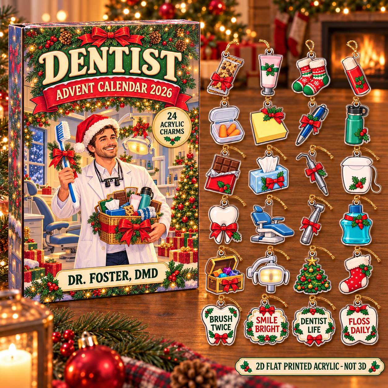 Personalized Dentist Survival Kit advent calendar box with 24 flat acrylic Christmas charms