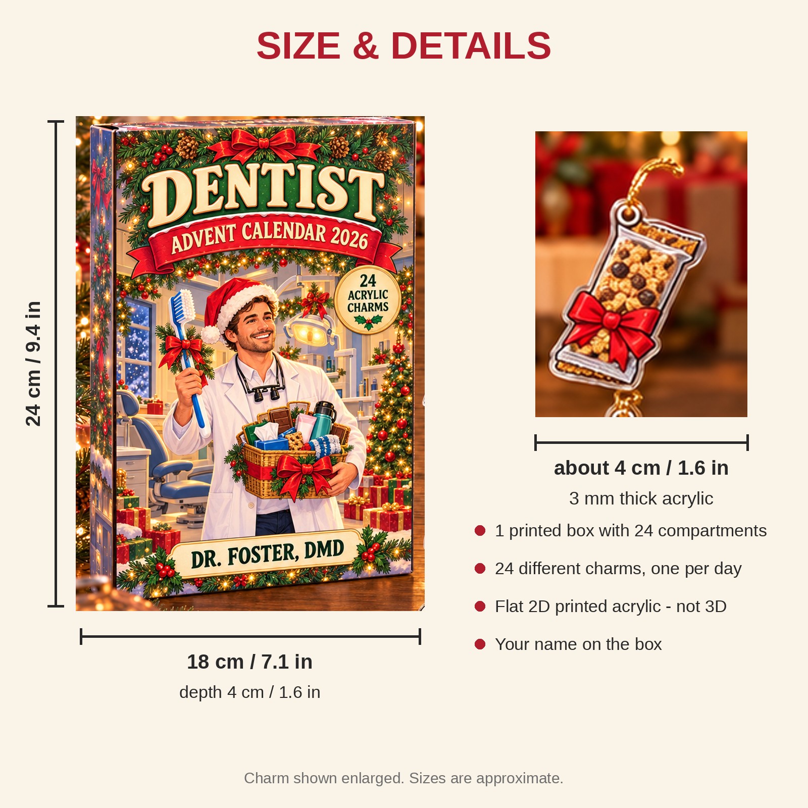 Personalized Dentist Survival Kit advent calendar box with 24 flat acrylic Christmas charms: box and charm sizes
