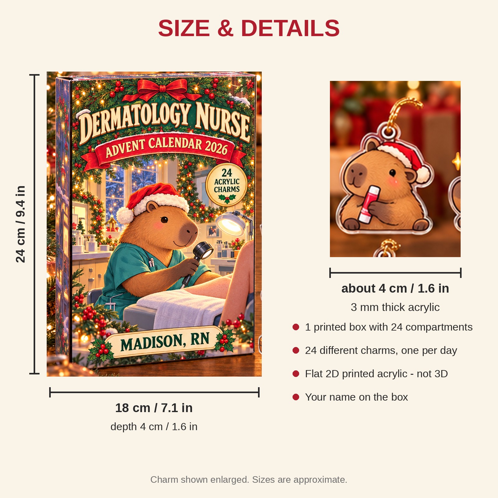 Personalized Dermatology Nurse Capybara advent calendar box with 24 flat acrylic Christmas charms: box and charm sizes