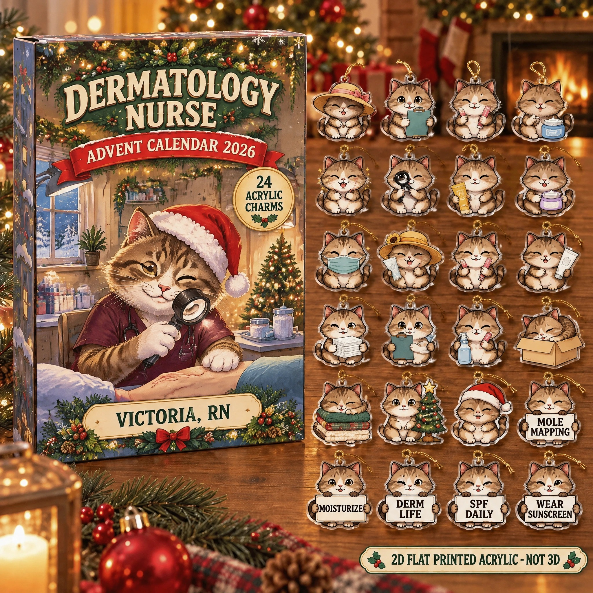 Personalized Dermatology Nurse Cat advent calendar box with 24 flat acrylic Christmas charms