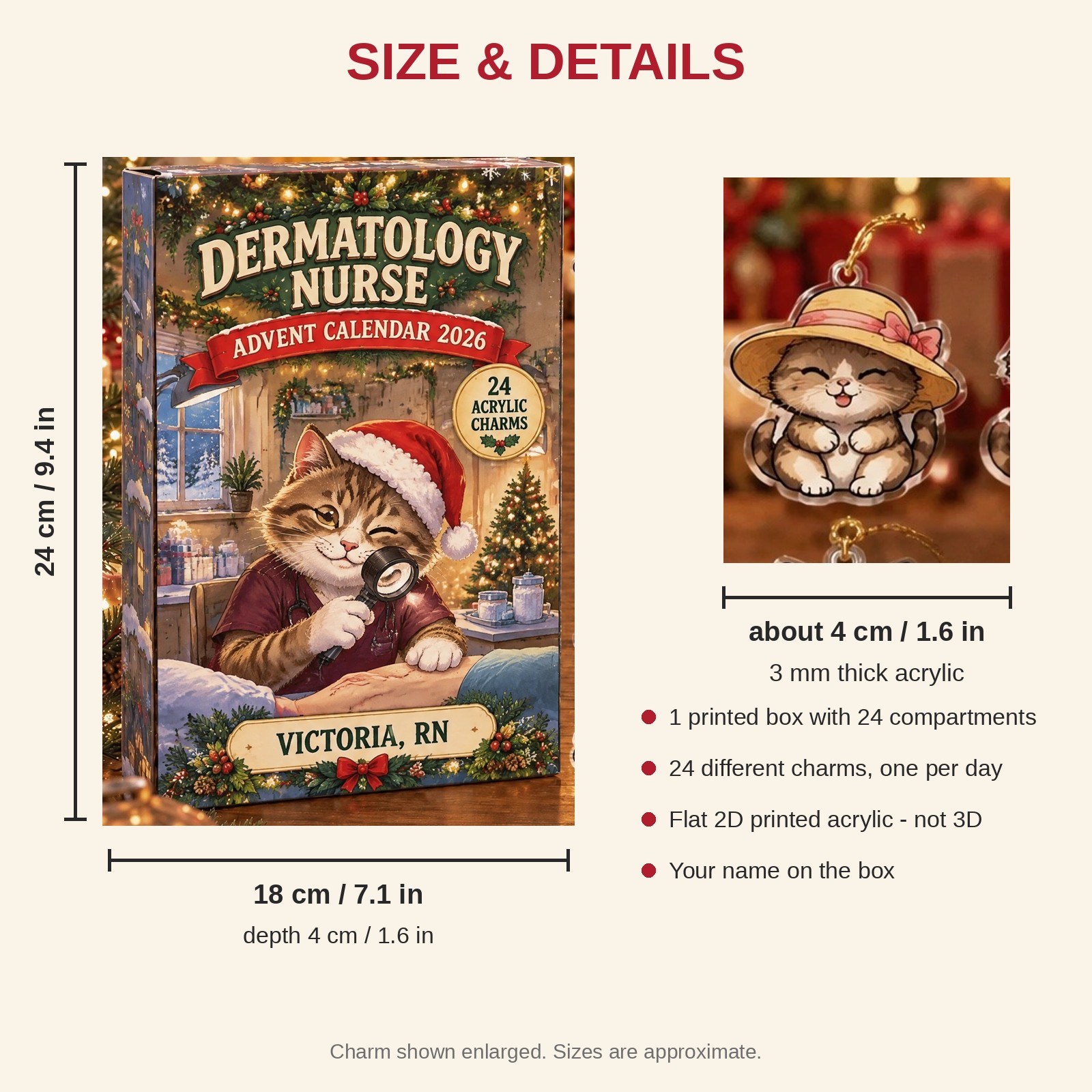 Personalized Dermatology Nurse Cat advent calendar box with 24 flat acrylic Christmas charms: box and charm sizes