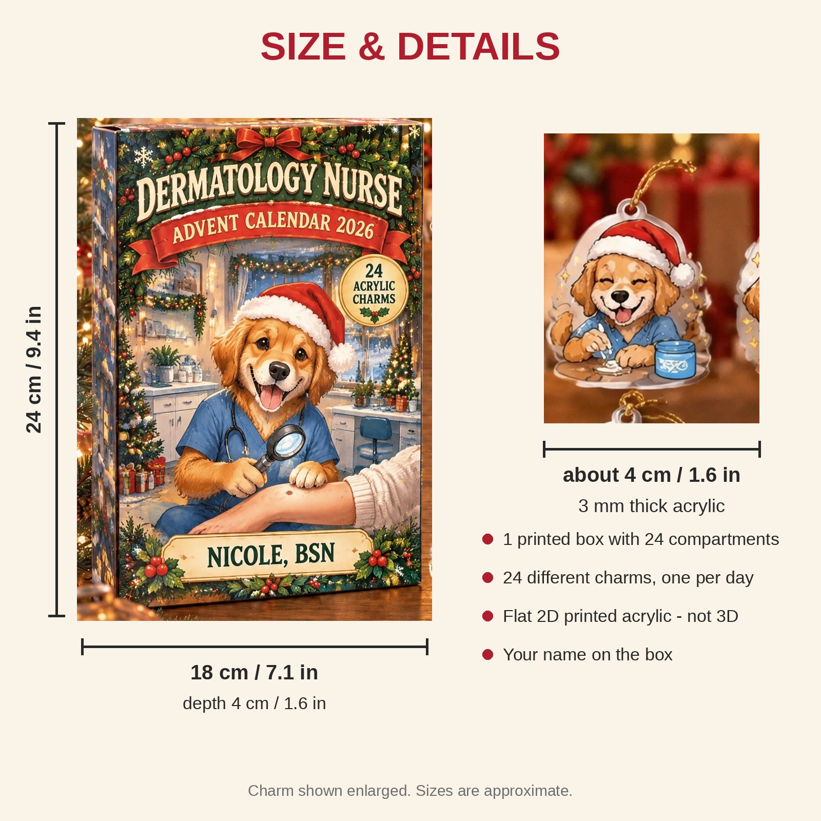 Personalized Dermatology Nurse Dog advent calendar box with 24 flat acrylic Christmas charms: box and charm sizes