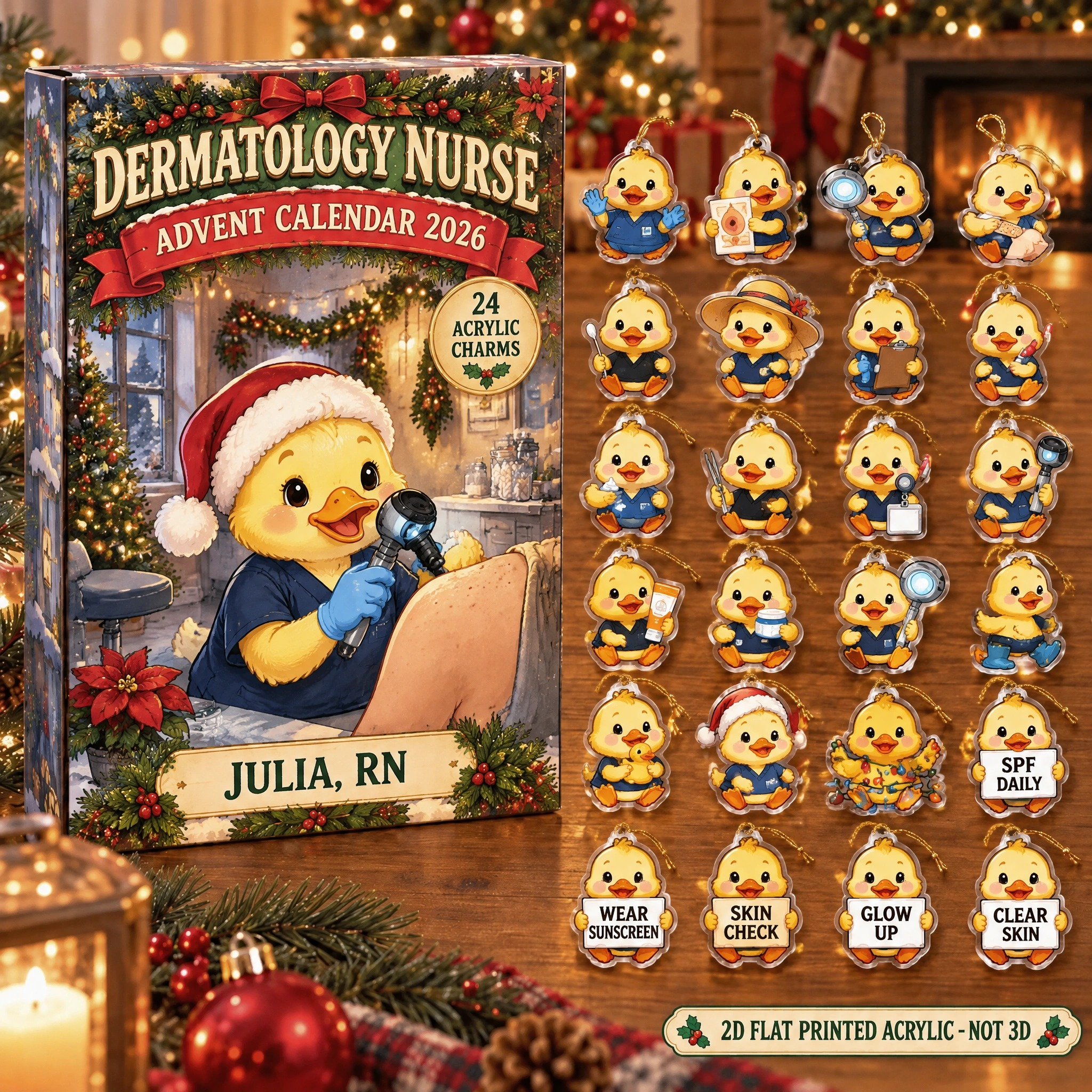 Personalized Dermatology Nurse Duck advent calendar box with 24 flat acrylic Christmas charms