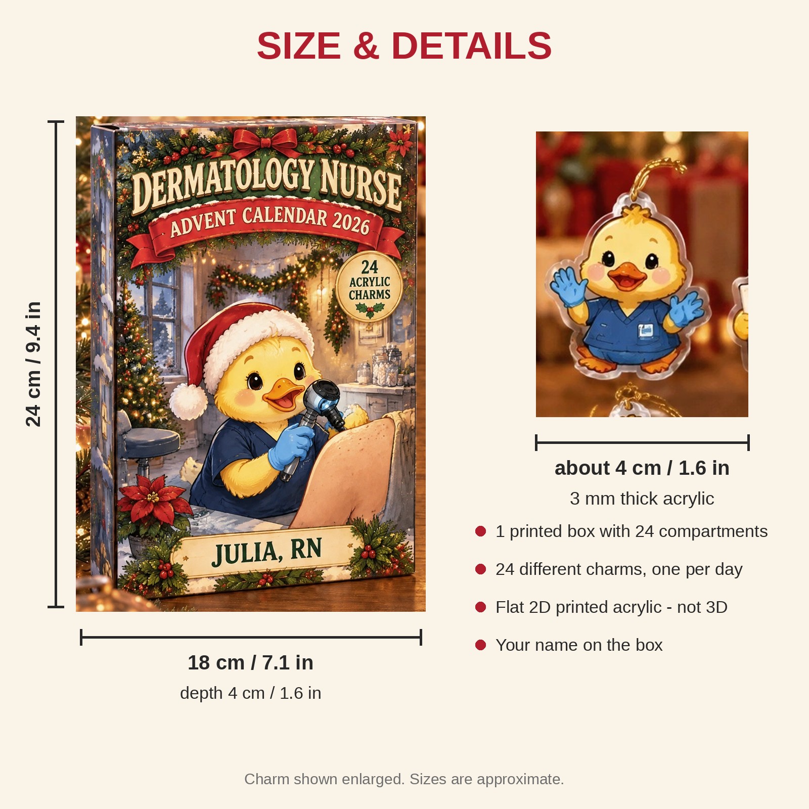 Personalized Dermatology Nurse Duck advent calendar box with 24 flat acrylic Christmas charms: box and charm sizes