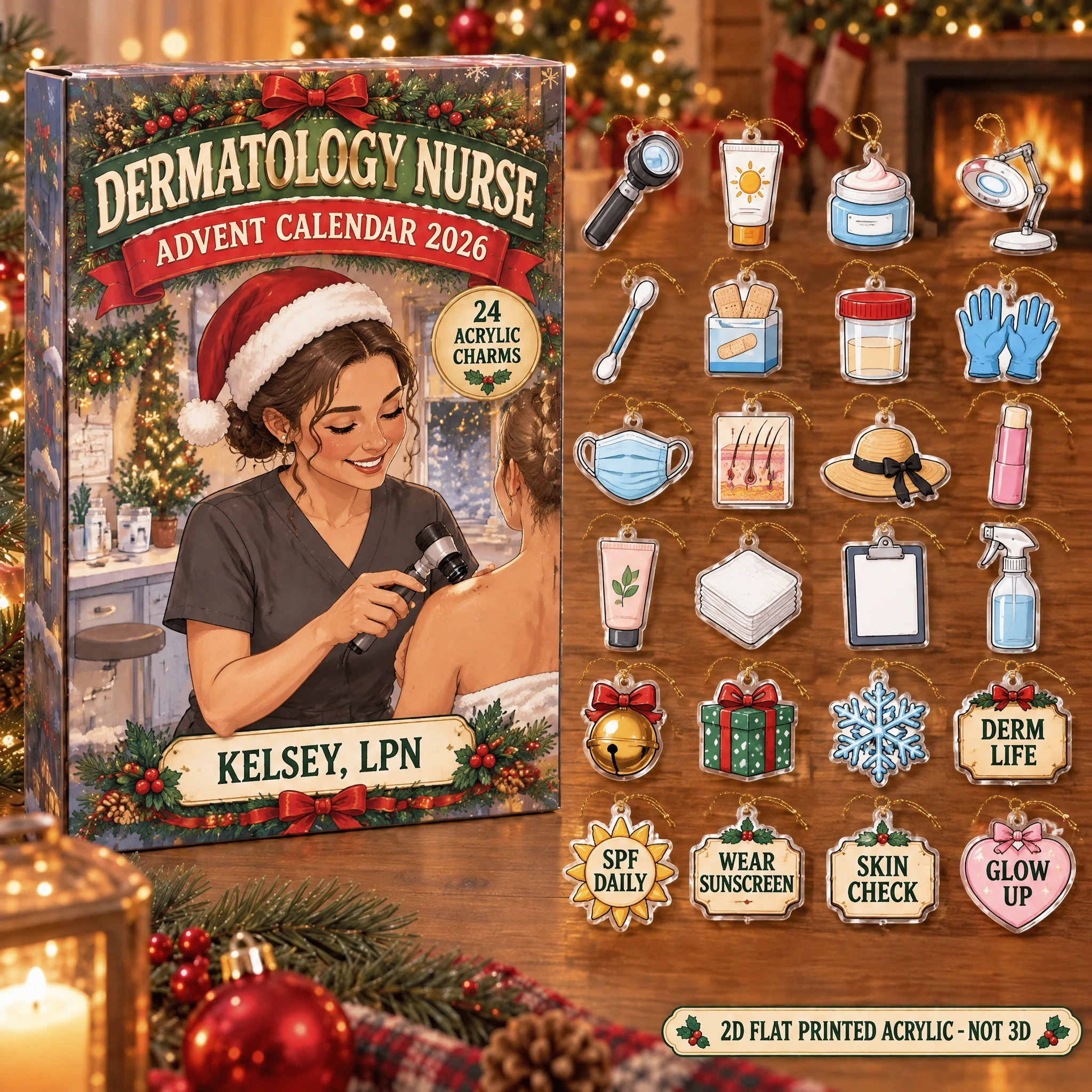 Personalized Dermatology Nurse Essentials advent calendar box with 24 flat acrylic Christmas charms