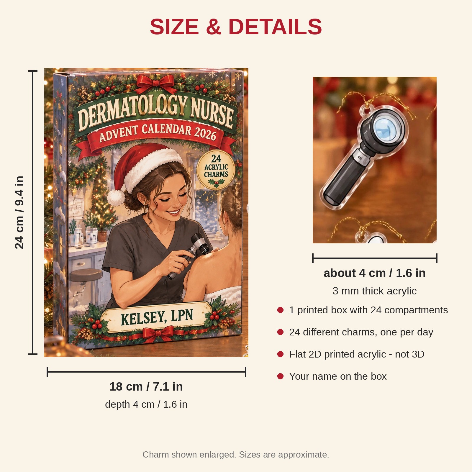 Personalized Dermatology Nurse Essentials advent calendar box with 24 flat acrylic Christmas charms: box and charm sizes