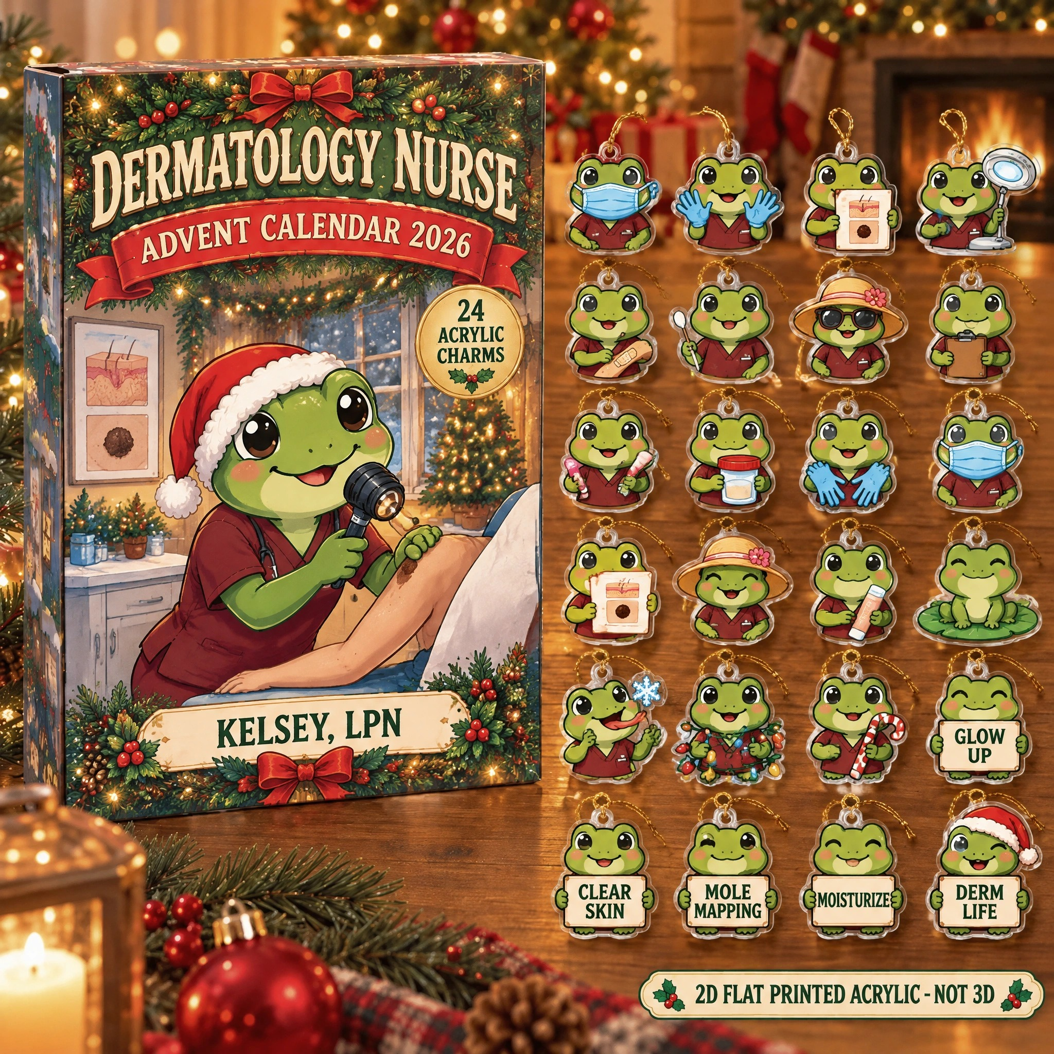 Personalized Dermatology Nurse Frog advent calendar box with 24 flat acrylic Christmas charms