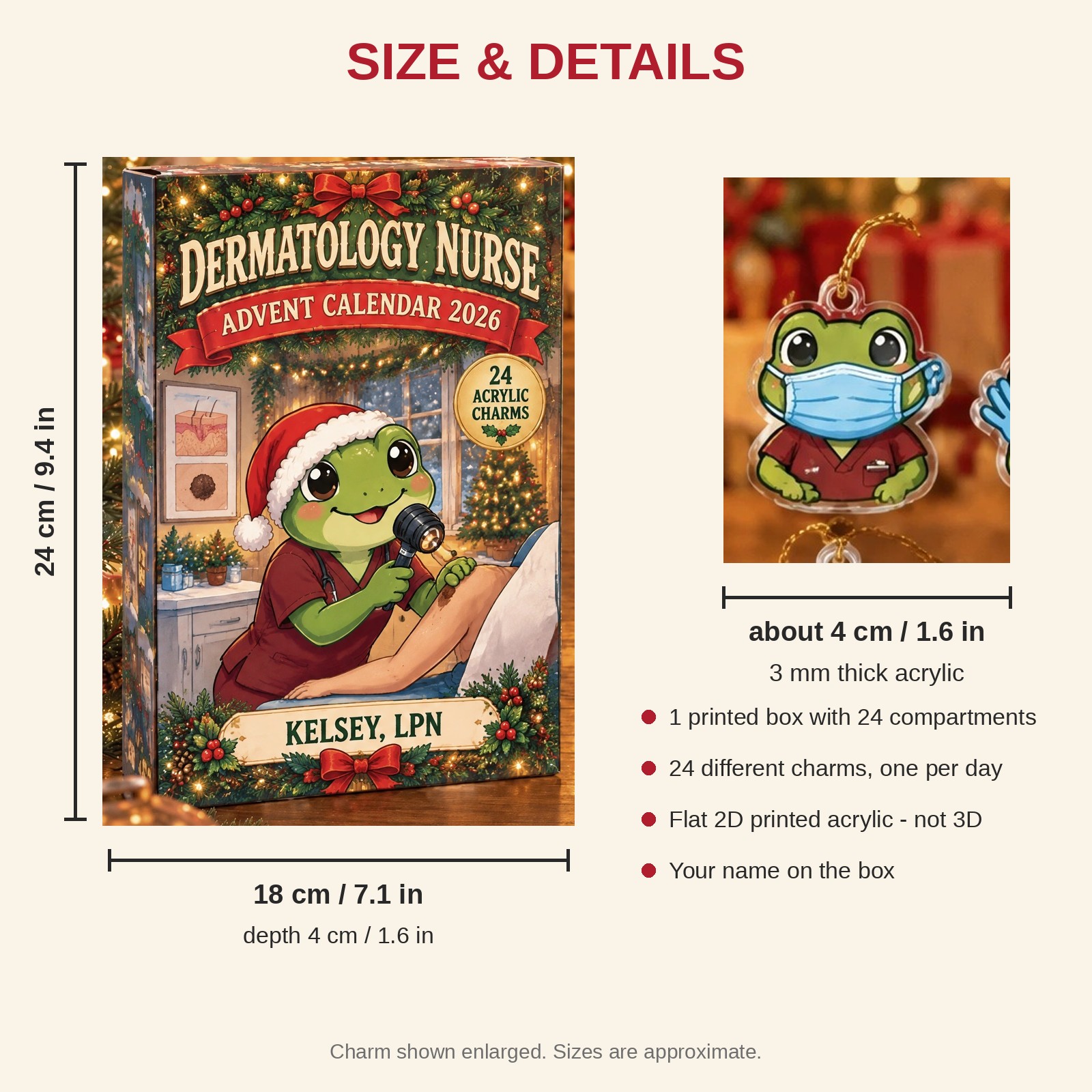 Personalized Dermatology Nurse Frog advent calendar box with 24 flat acrylic Christmas charms: box and charm sizes