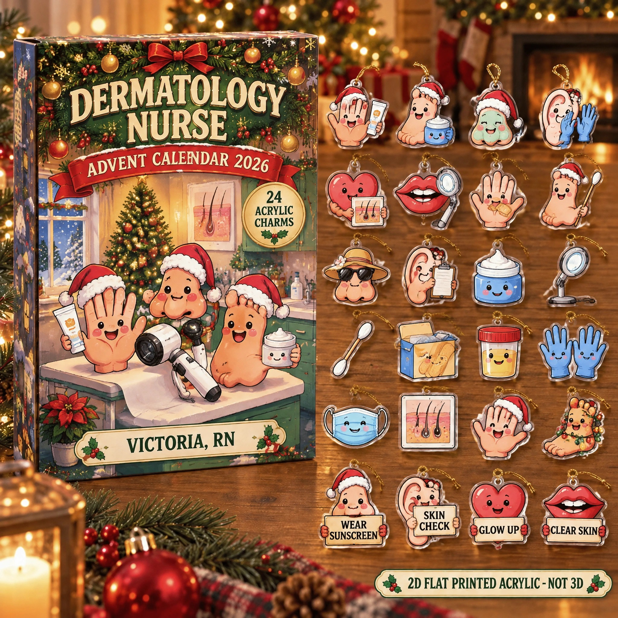 Personalized Funny Anatomy Derm Nurse advent calendar box with 24 flat acrylic Christmas charms