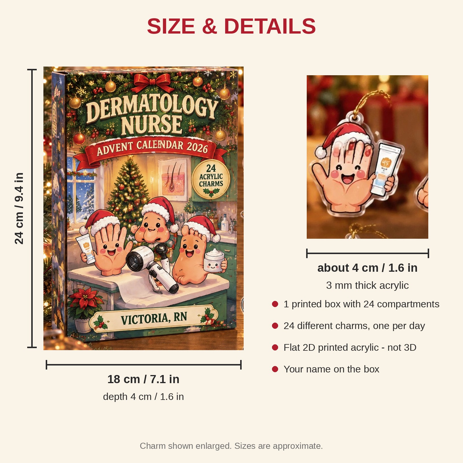 Personalized Funny Anatomy Derm Nurse advent calendar box with 24 flat acrylic Christmas charms: box and charm sizes