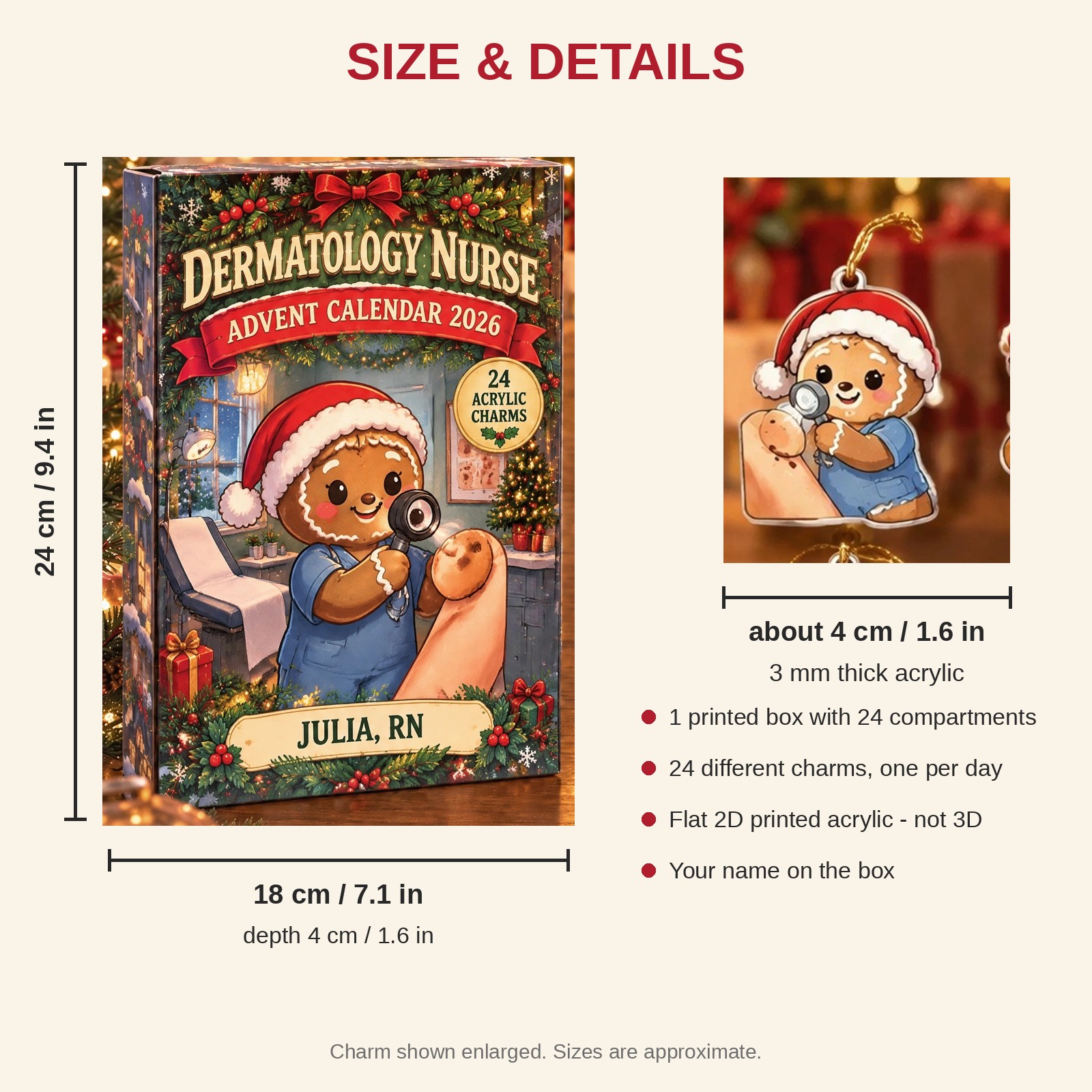 Personalized Gingerbread Derm Nurse advent calendar box with 24 flat acrylic Christmas charms: box and charm sizes