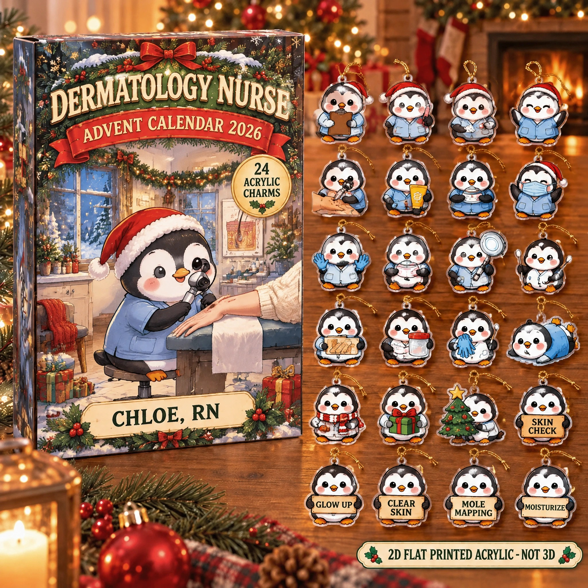 Personalized Dermatology Nurse Penguin advent calendar box with 24 flat acrylic Christmas charms