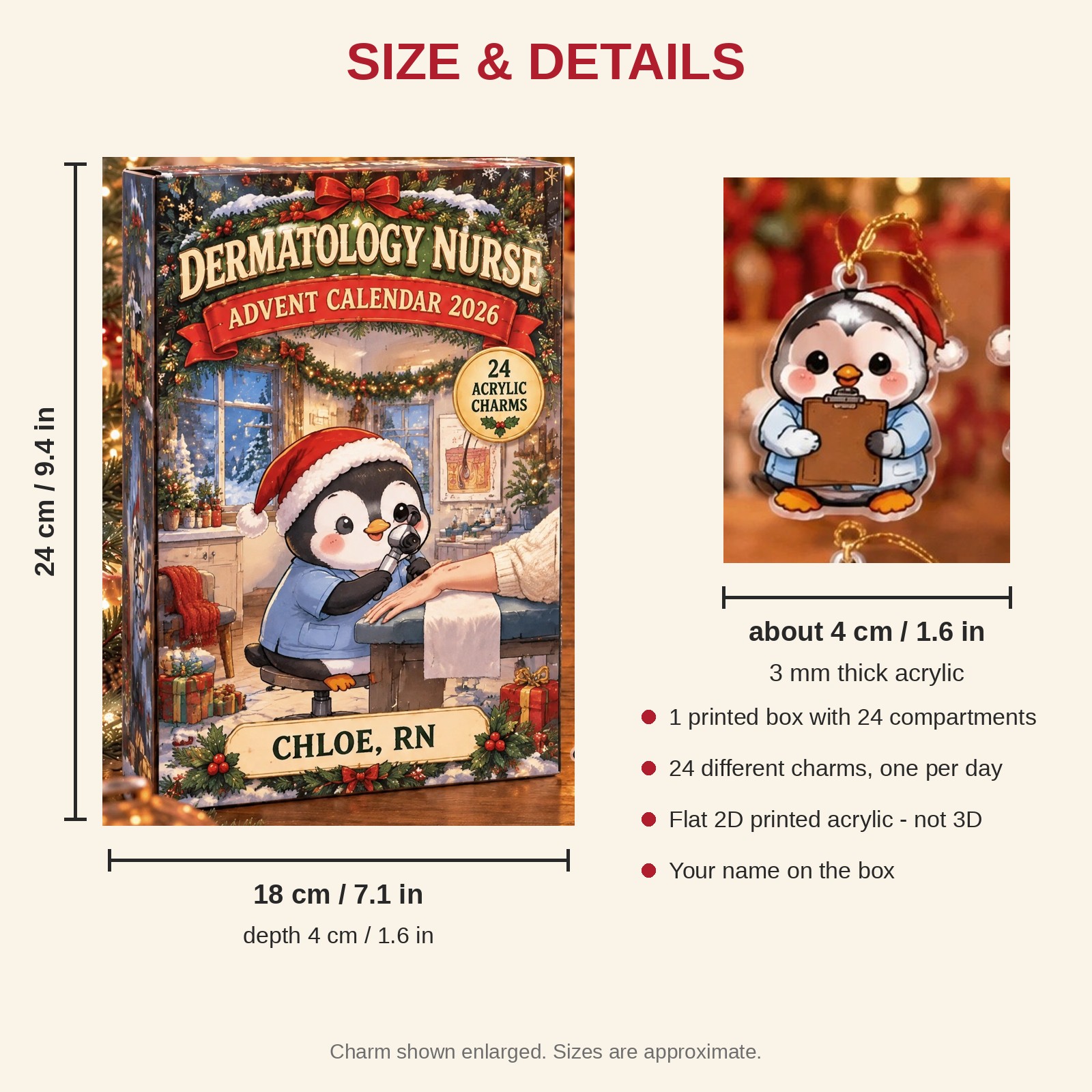 Personalized Dermatology Nurse Penguin advent calendar box with 24 flat acrylic Christmas charms: box and charm sizes