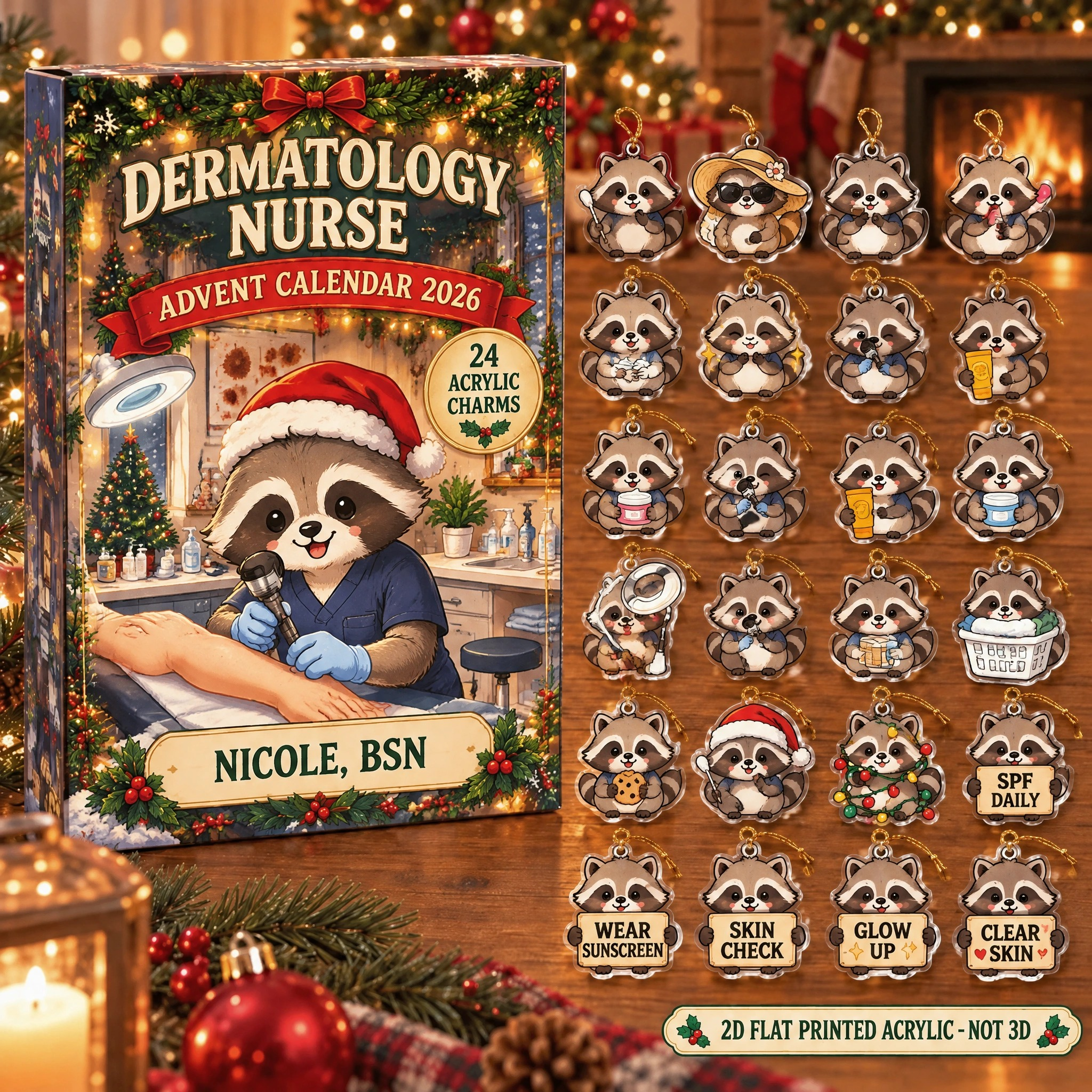 Personalized Dermatology Nurse Raccoon advent calendar box with 24 flat acrylic Christmas charms
