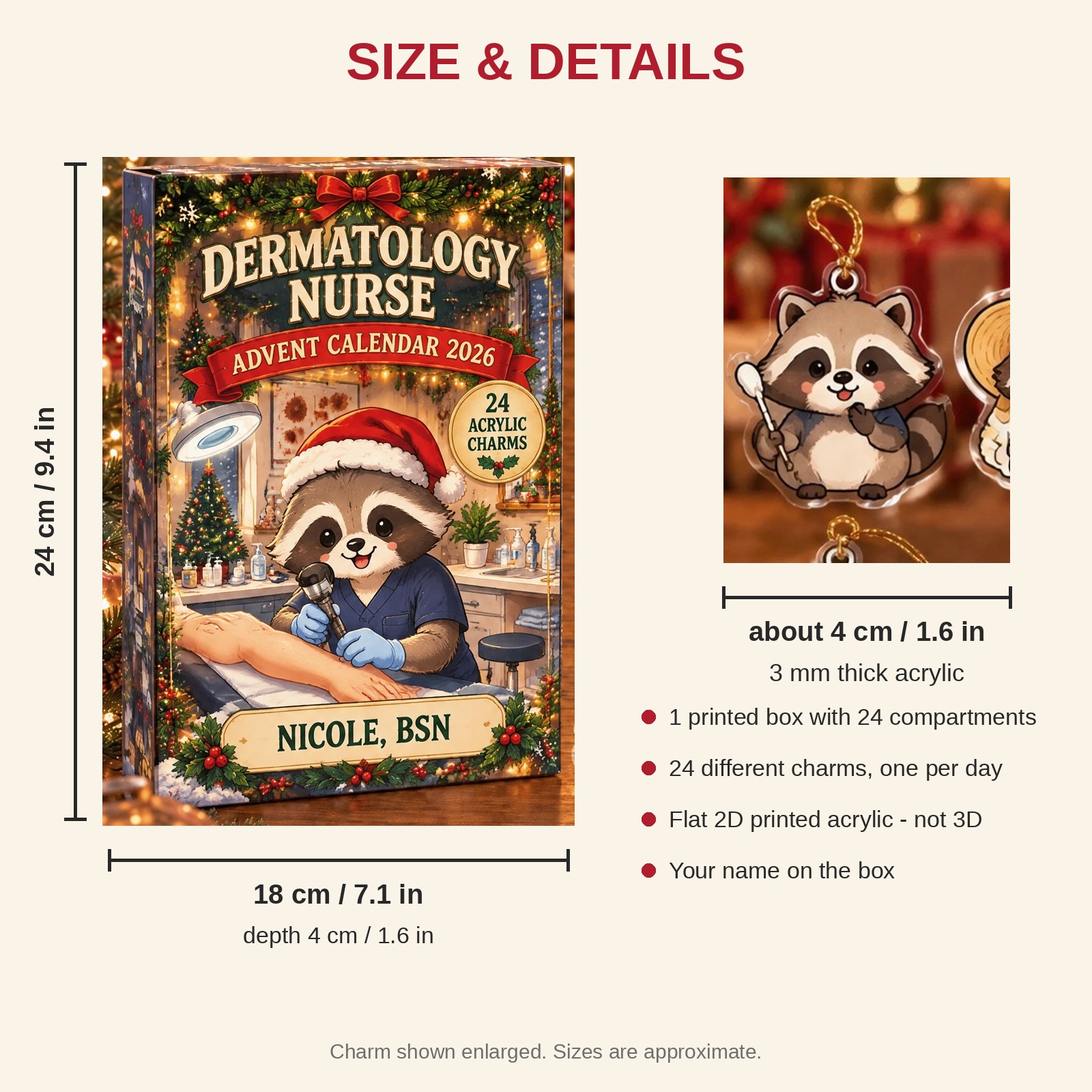 Personalized Dermatology Nurse Raccoon advent calendar box with 24 flat acrylic Christmas charms: box and charm sizes