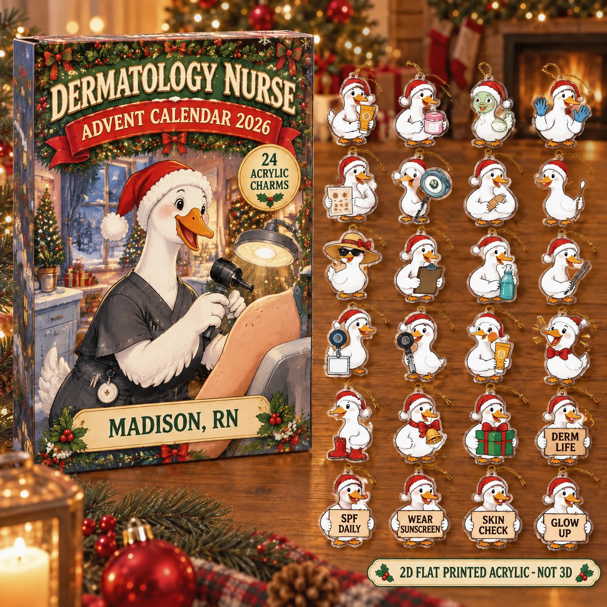 Personalized Derm Nurse Silly Goose advent calendar box with 24 flat acrylic Christmas charms