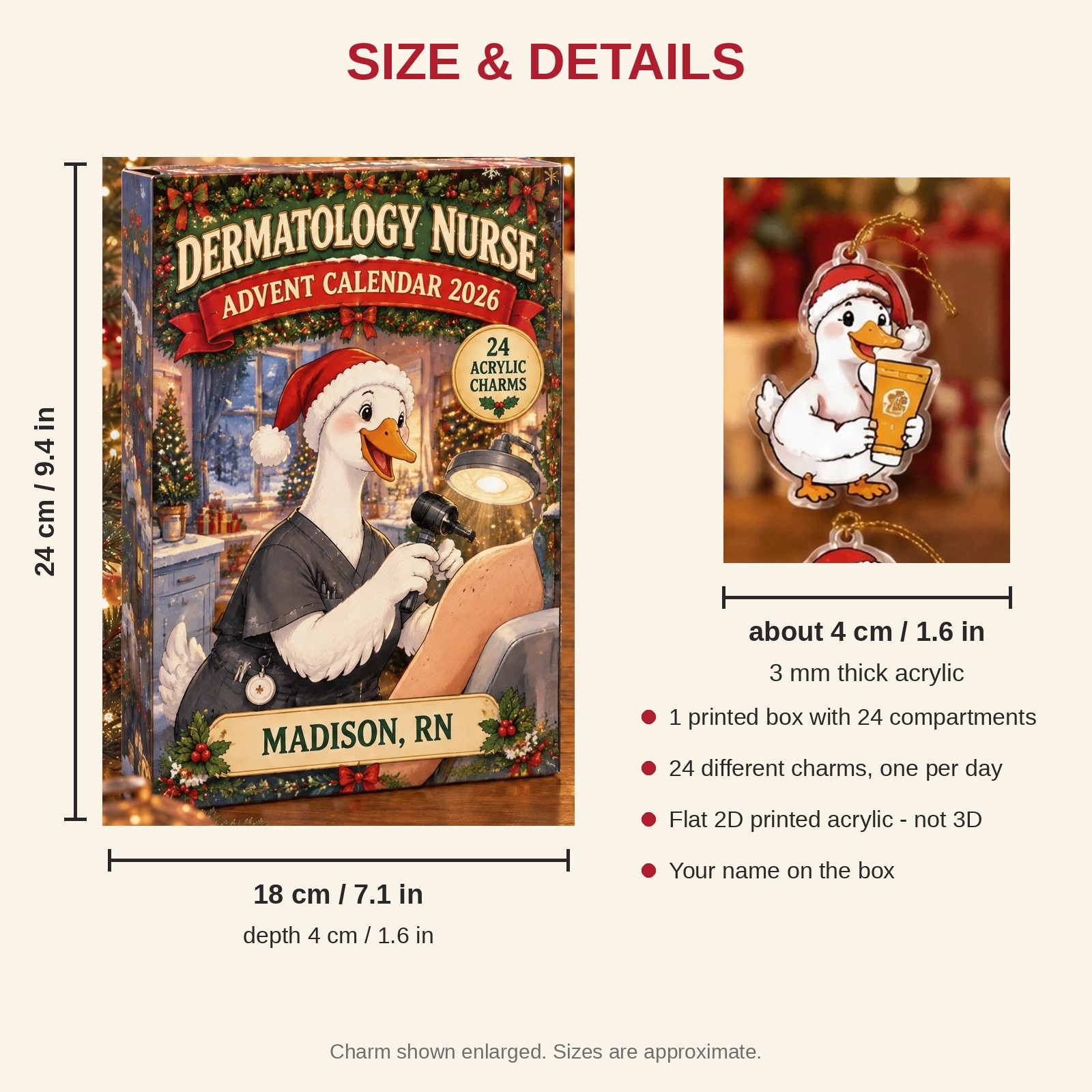 Personalized Derm Nurse Silly Goose advent calendar box with 24 flat acrylic Christmas charms: box and charm sizes