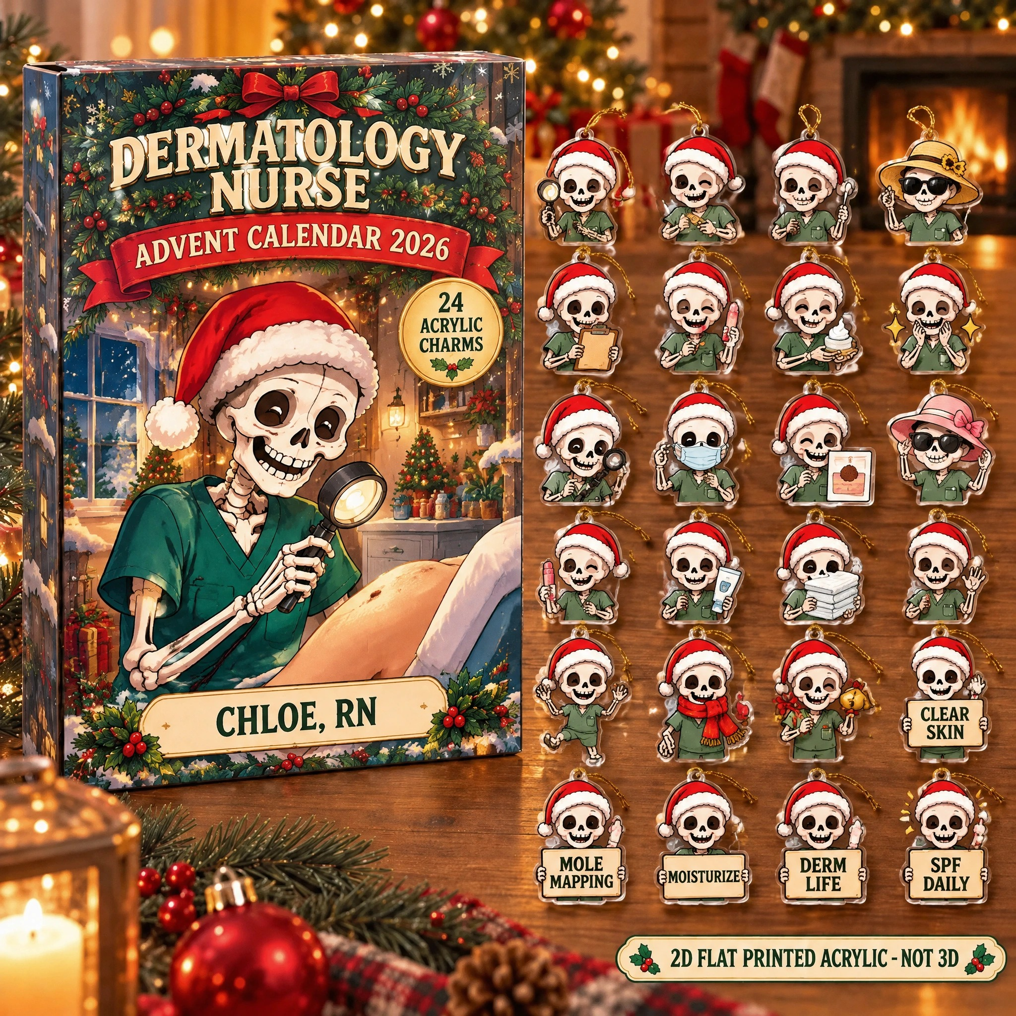 Personalized Dermatology Nurse Skeleton advent calendar box with 24 flat acrylic Christmas charms