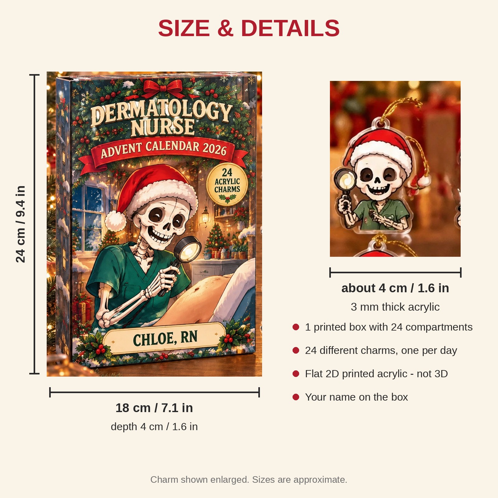 Personalized Dermatology Nurse Skeleton advent calendar box with 24 flat acrylic Christmas charms: box and charm sizes