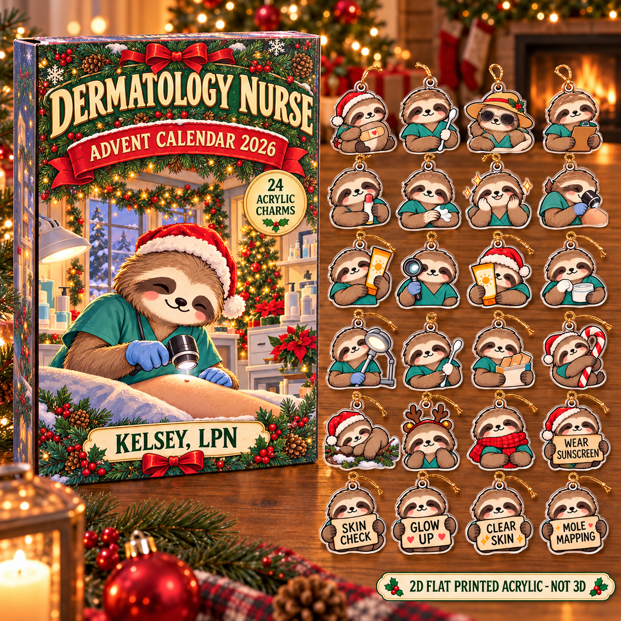 Personalized Dermatology Nurse Sloth advent calendar box with 24 flat acrylic Christmas charms