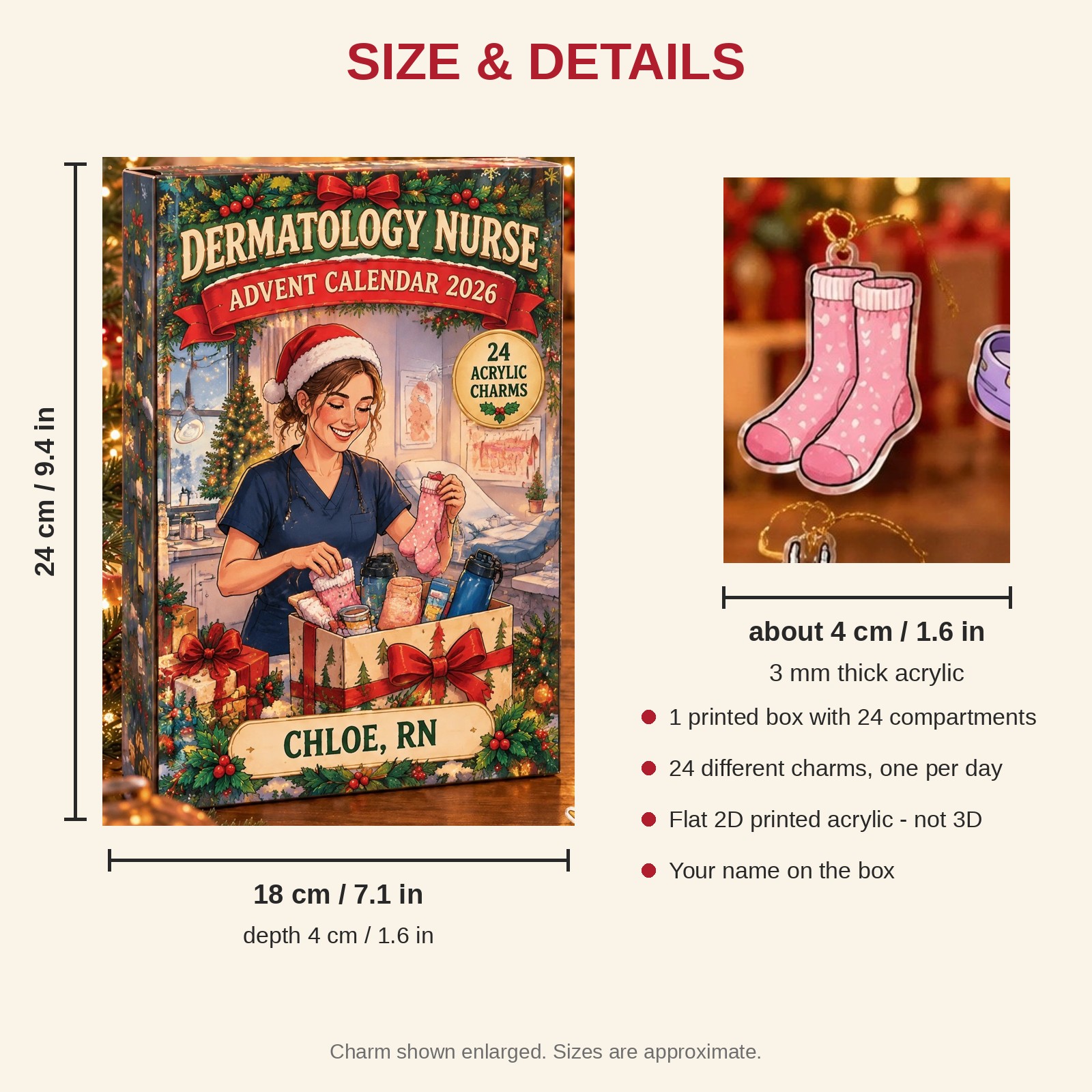 Personalized Derm Nurse Survival Kit advent calendar box with 24 flat acrylic Christmas charms: box and charm sizes
