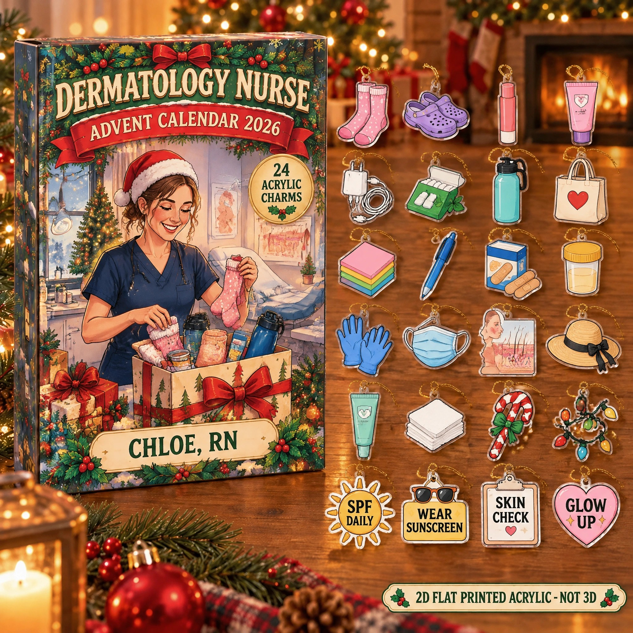 Personalized Derm Nurse Survival Kit advent calendar box with 24 flat acrylic Christmas charms