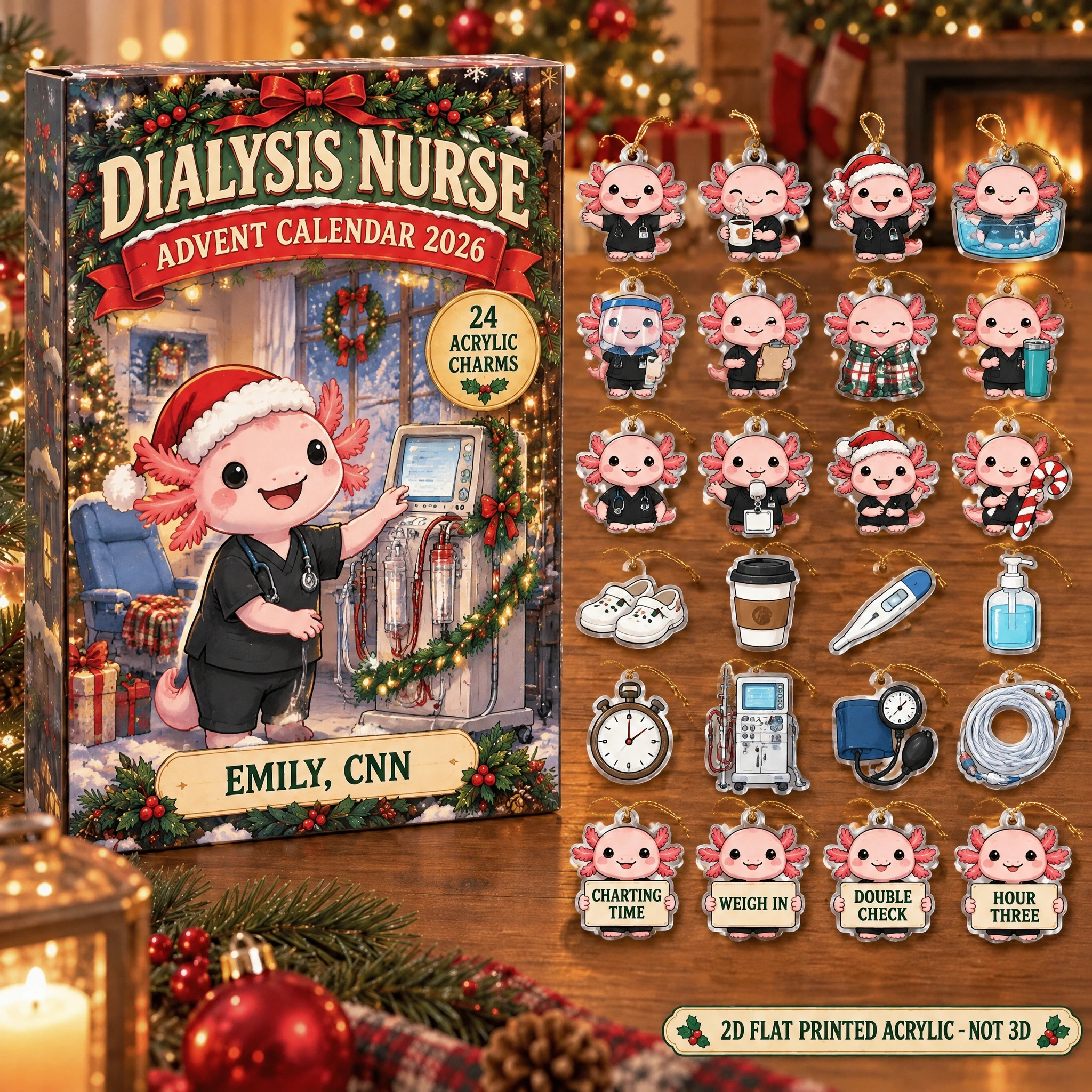 Personalized Dialysis Nurse Axolotl advent calendar box with 24 flat acrylic Christmas charms