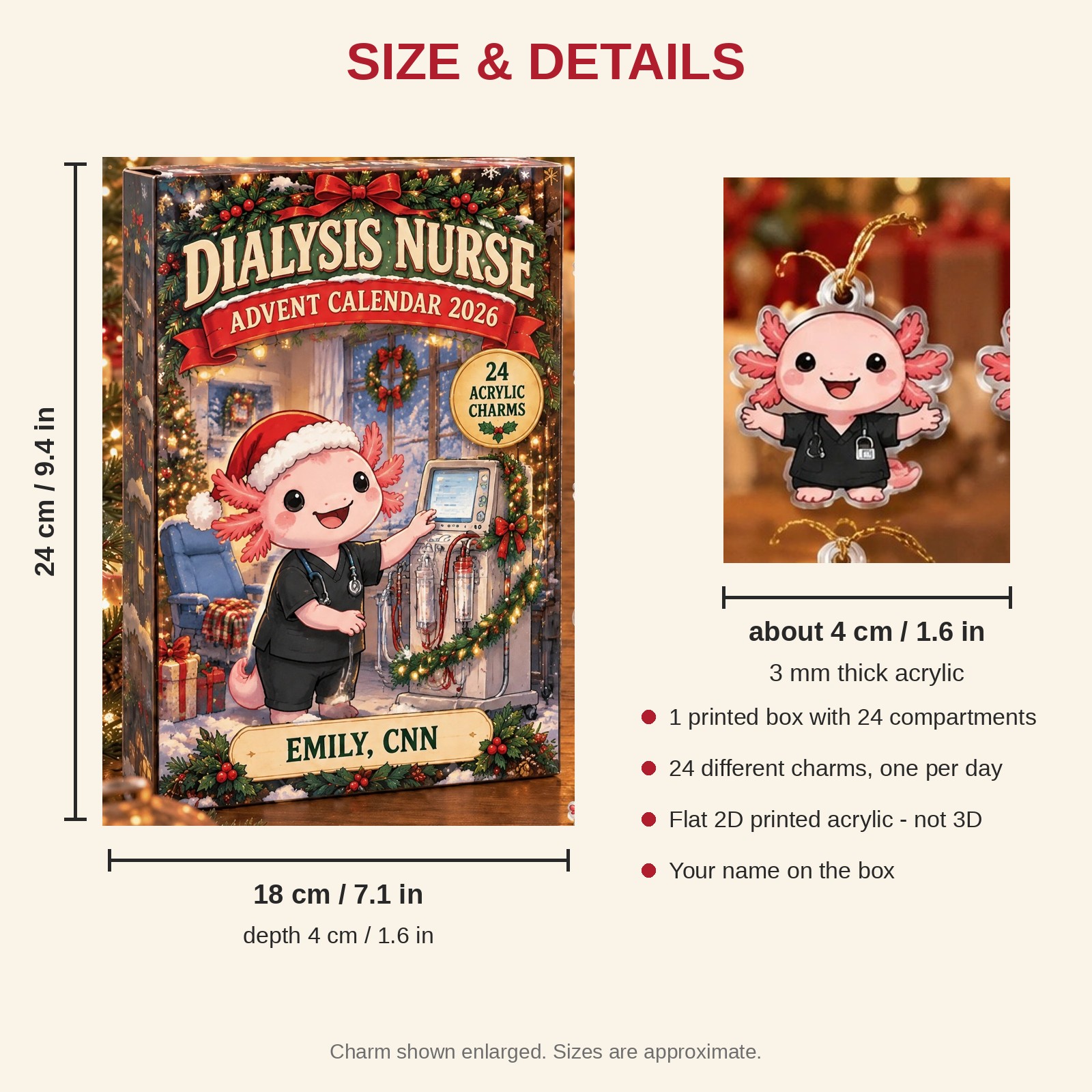 Personalized Dialysis Nurse Axolotl advent calendar box with 24 flat acrylic Christmas charms: box and charm sizes