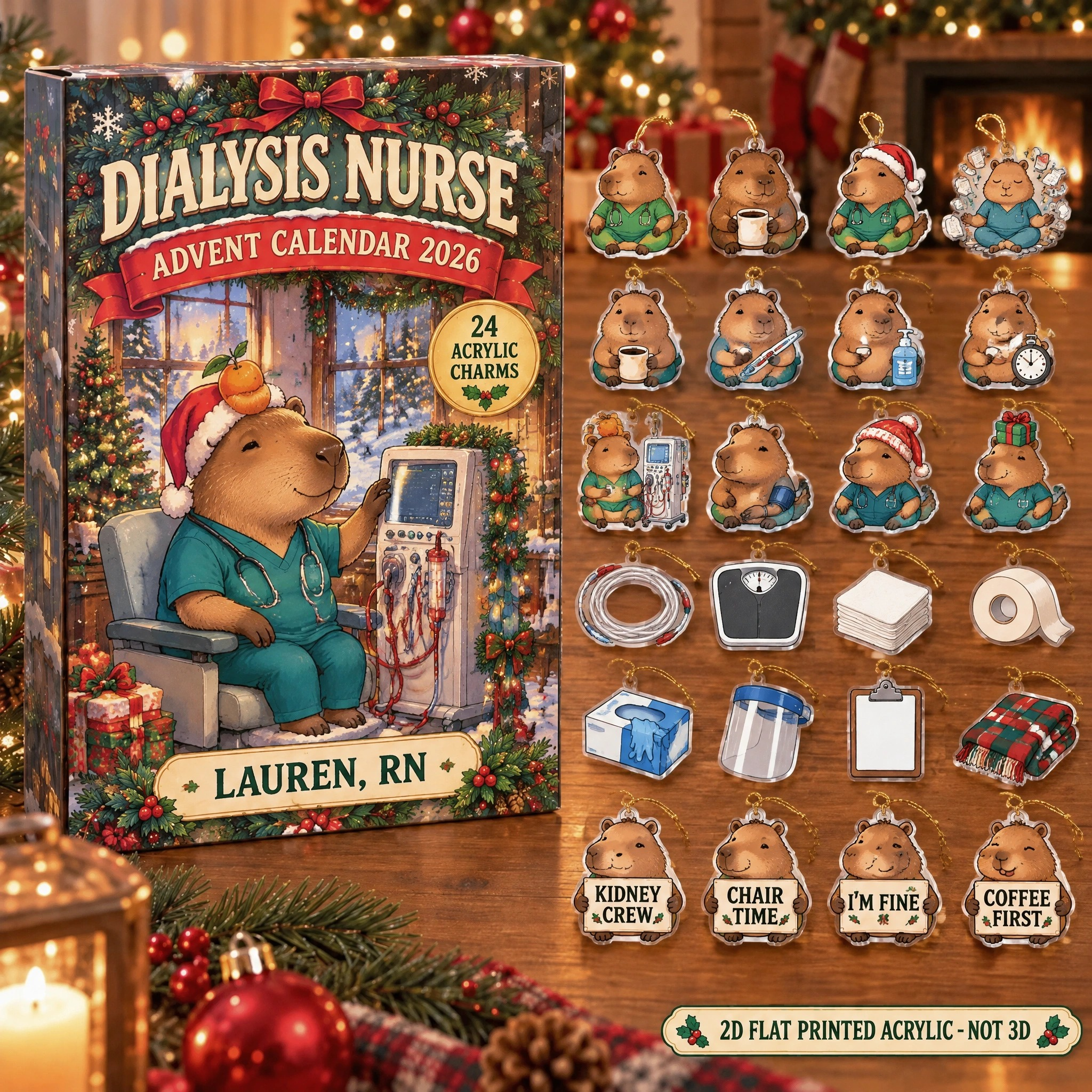 Personalized Dialysis Nurse Capybara advent calendar box with 24 flat acrylic Christmas charms